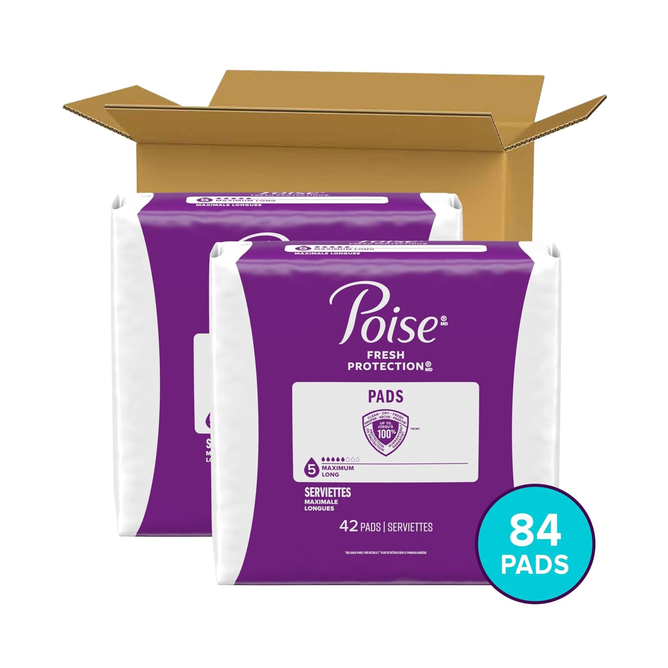 Poise Incontinence Pads, Maximum Absorbency, Regular Length, 84ct