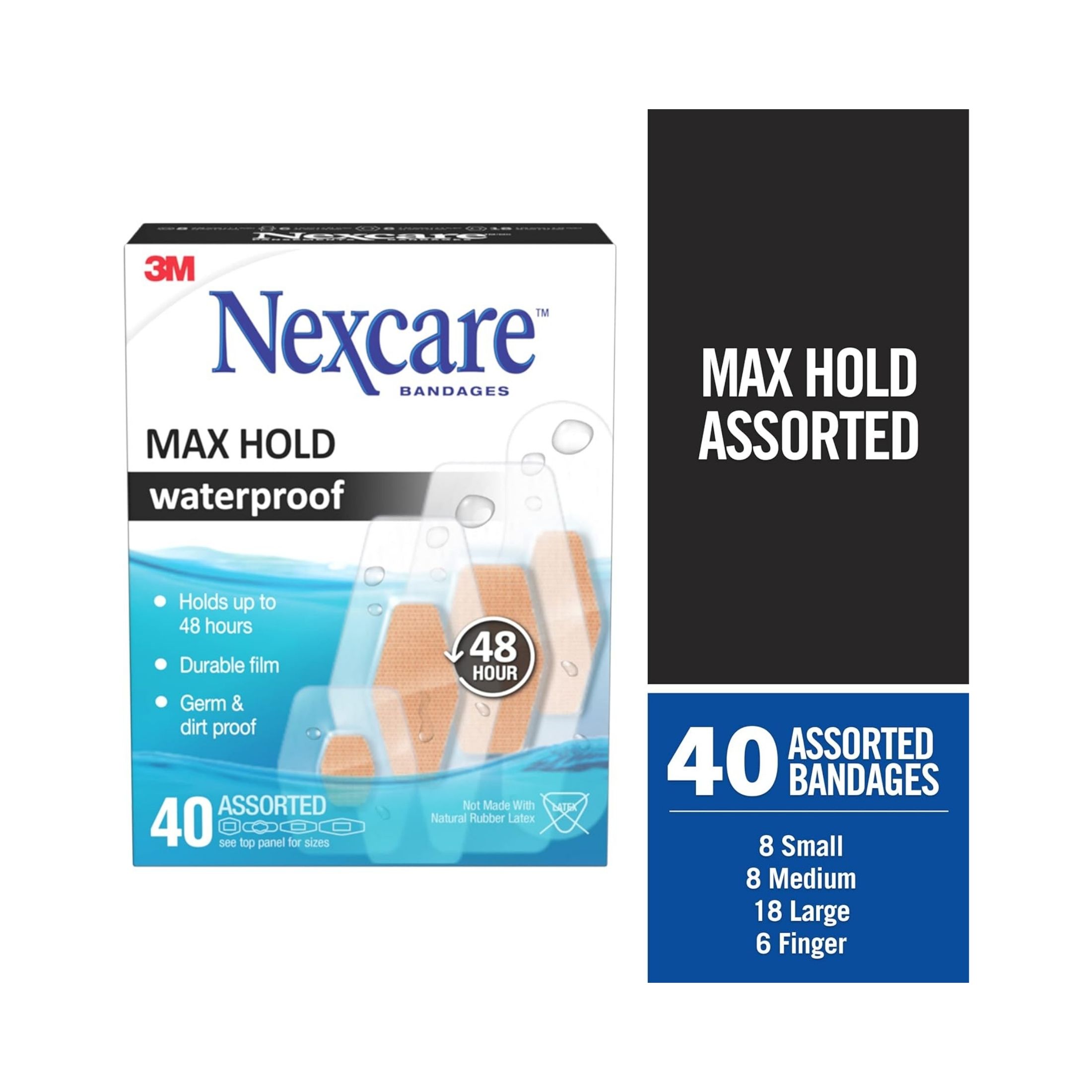 Nexcare Bandages Max Hold Waterproof Bandages, Assorted