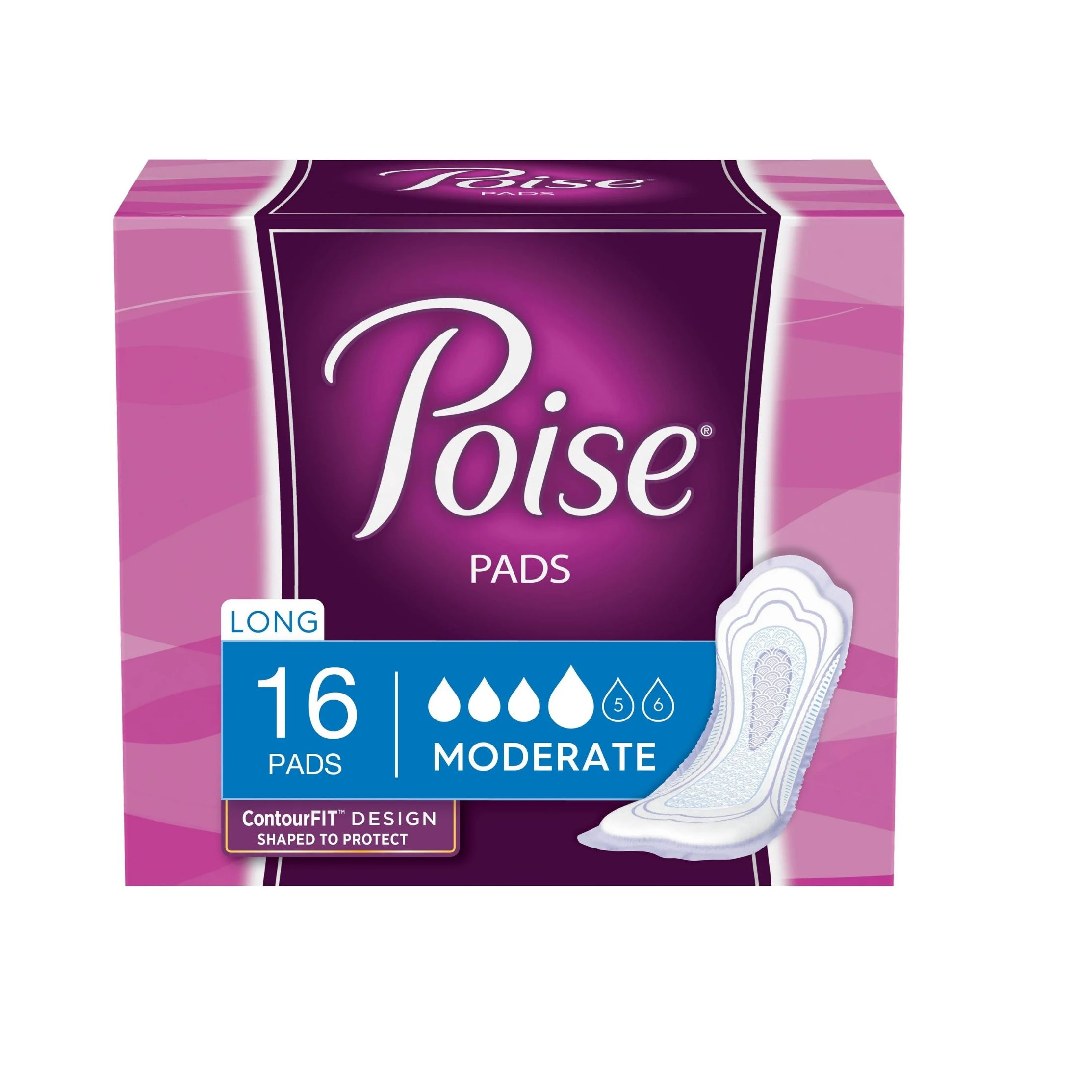 Poise Moderate Absorbency Incontinence Pads, Long, 16 Count