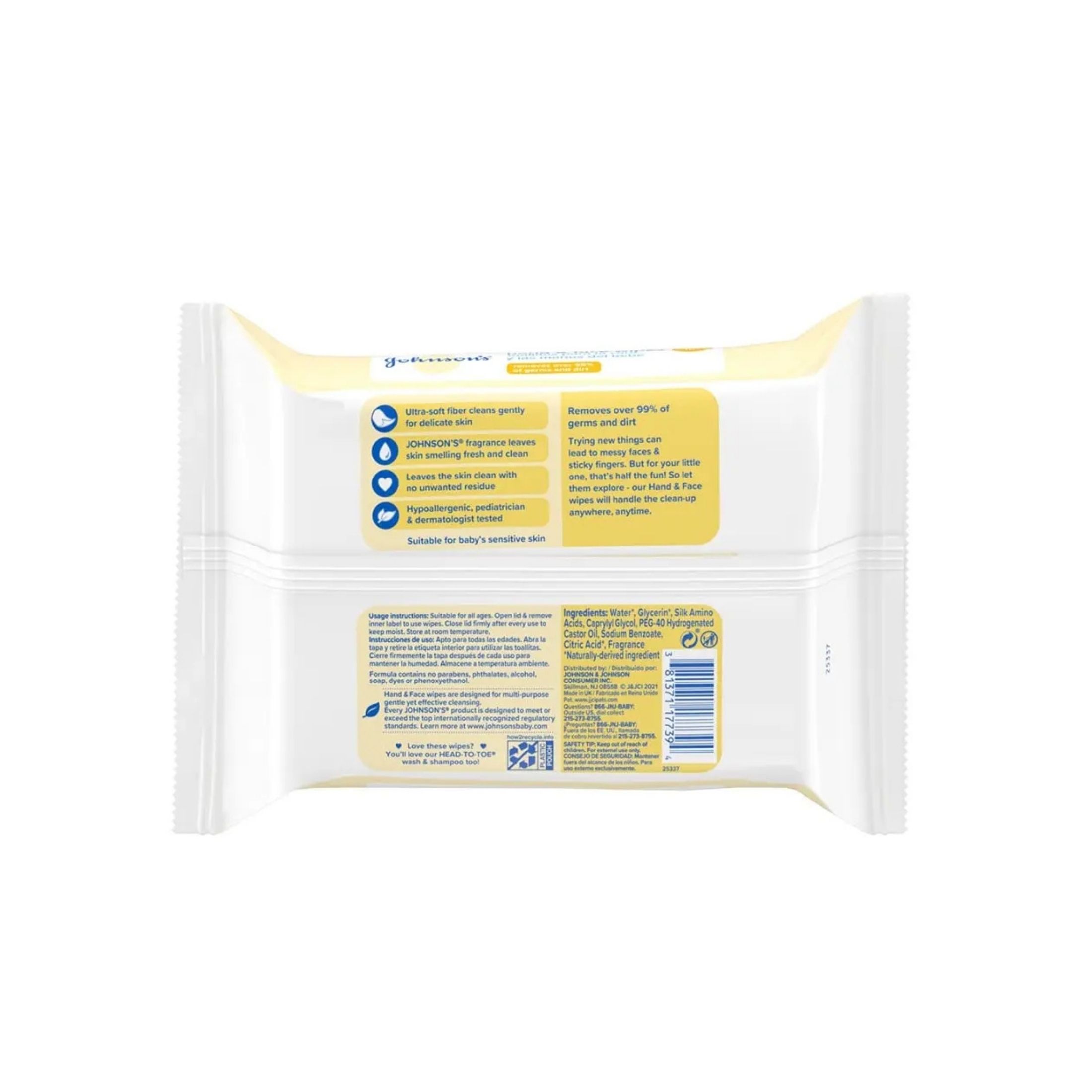 Johnson's Baby Disposable Hand & Face Cleansing Wipes To Gently Remove 99% Of Germs & Dirt From Delicate Skin, Pre-Moistened & Allergy-Tested, Paraben-, Phthalate- & Alcohol-Free