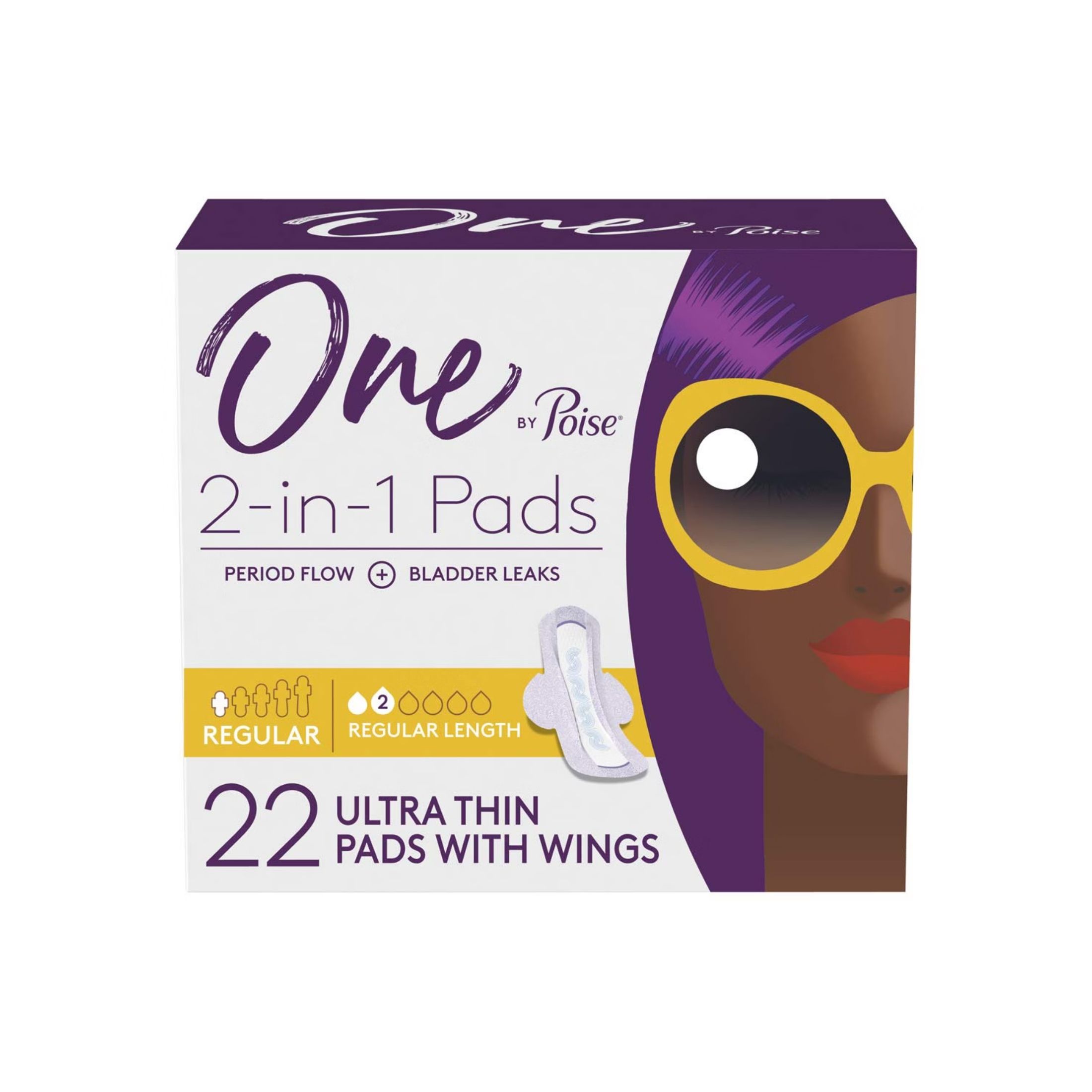 One by Poise Pads, 2-In-1, Ultra Thin, With Wings, Regular Flow