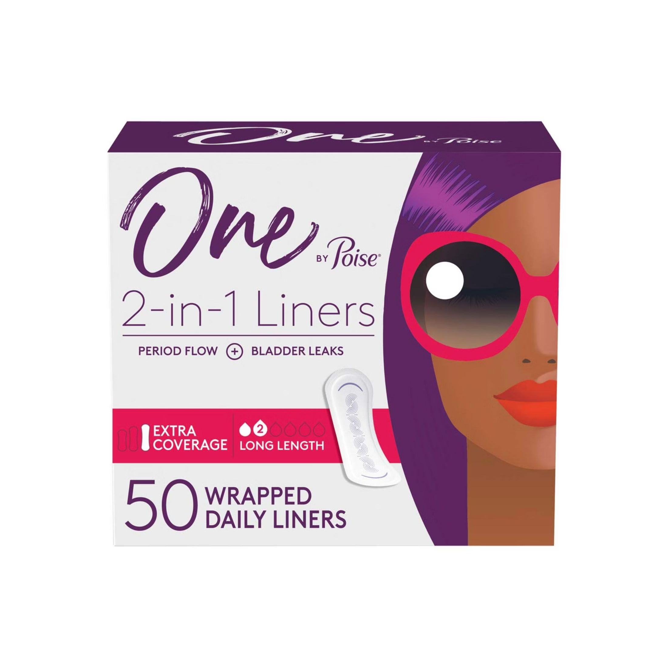 One by Poise Liners, 2 In 1, Extra Coverage, Long Length