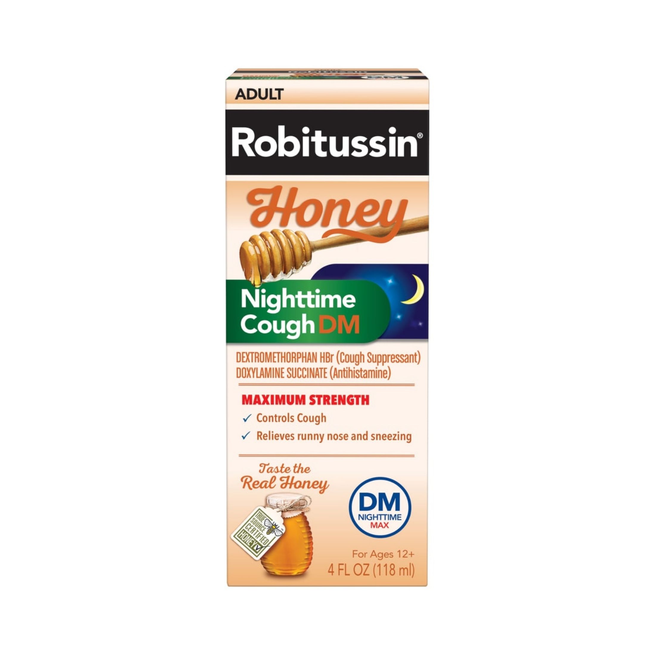Robitussin Adult Maximum Strength Honey Nighttime Cough Dm Liquid, 4 Oz