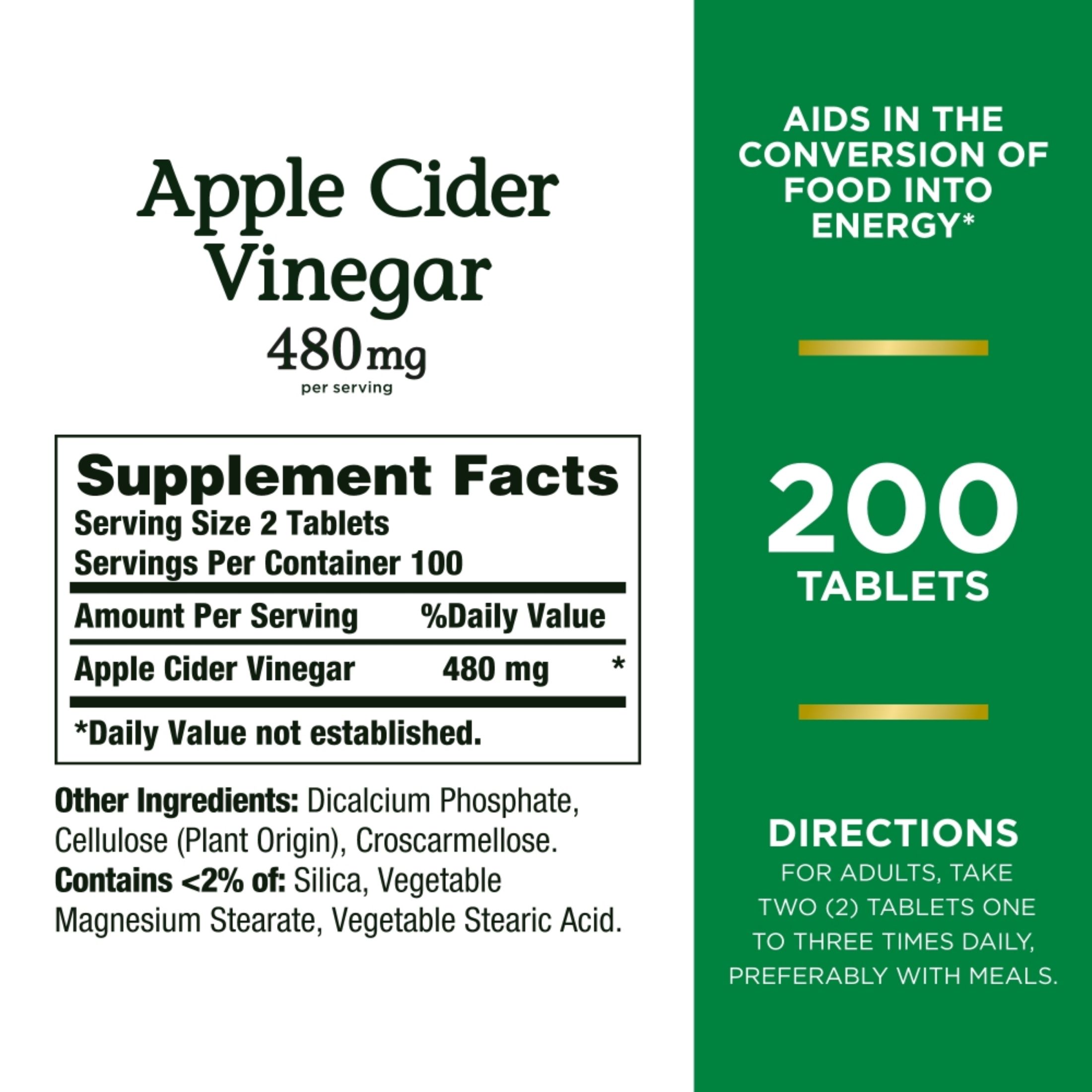 Nature's Bounty Apple Cider Vinegar Supplement 480 Mg - 200 Tablets