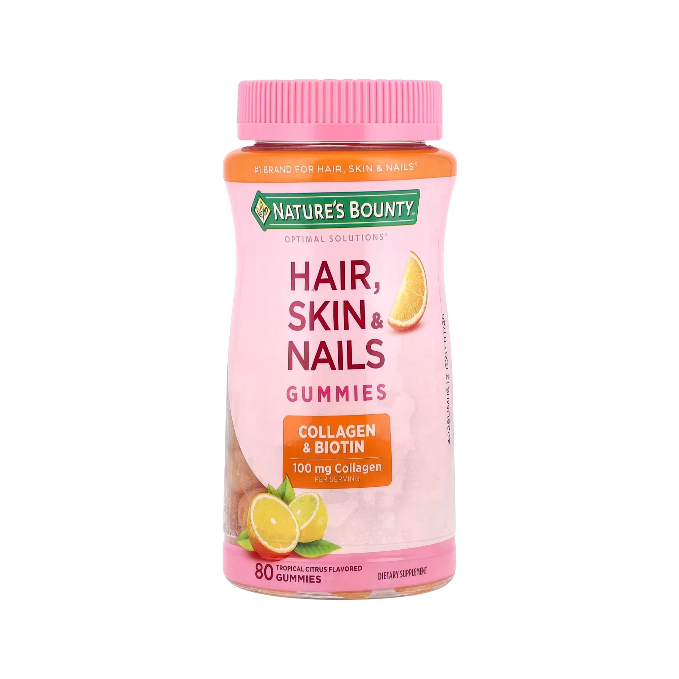 Nature's Bounty Optimal Solutions, Hair, Skin, & Nails, Collagen & Biotin, Tropical Citrus, 80 Gummies