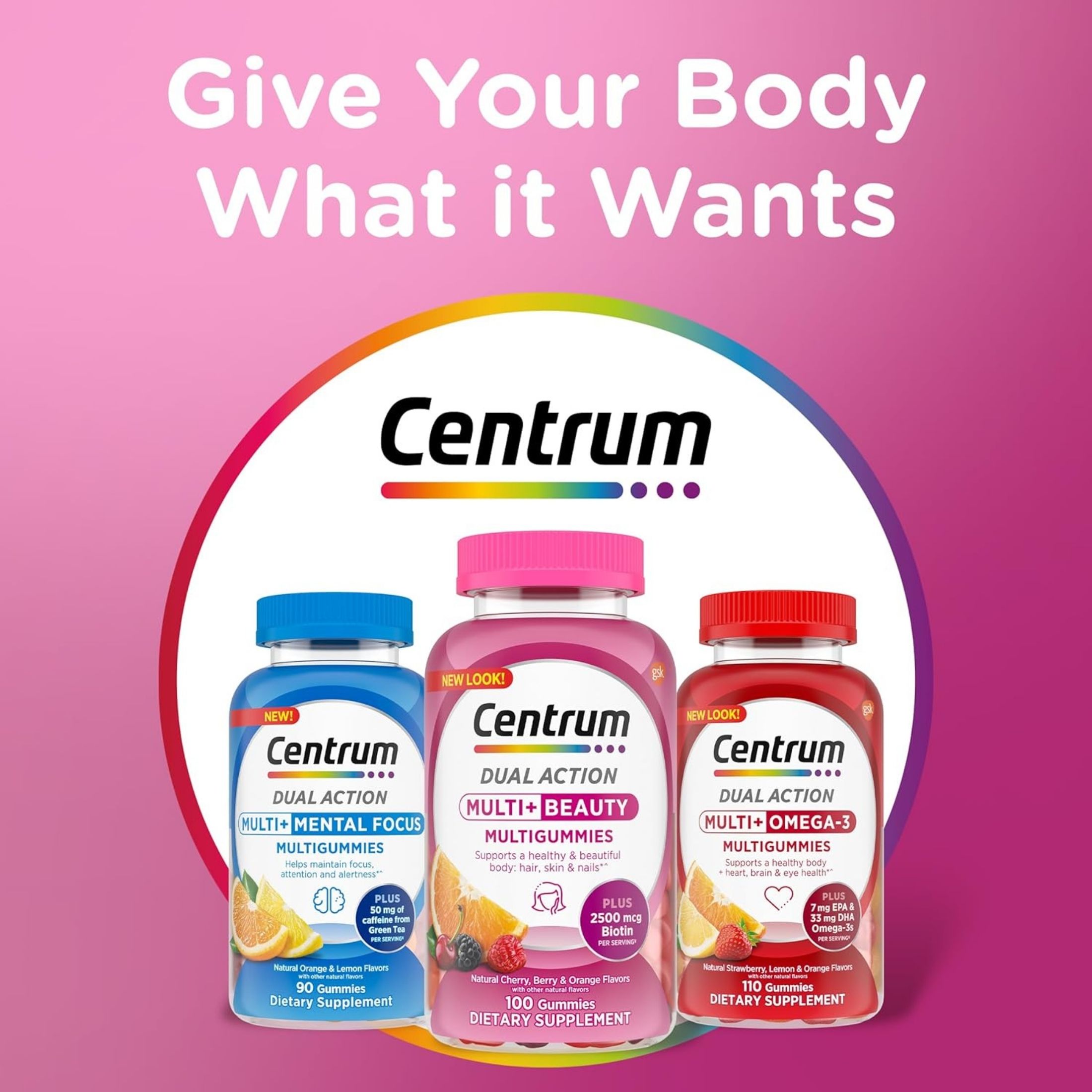Centrum Multigummies, Dual Action, Multi + Beauty, 2500 Mcg, Gummies, Natural Cherry, Berry & Orange Flavors
