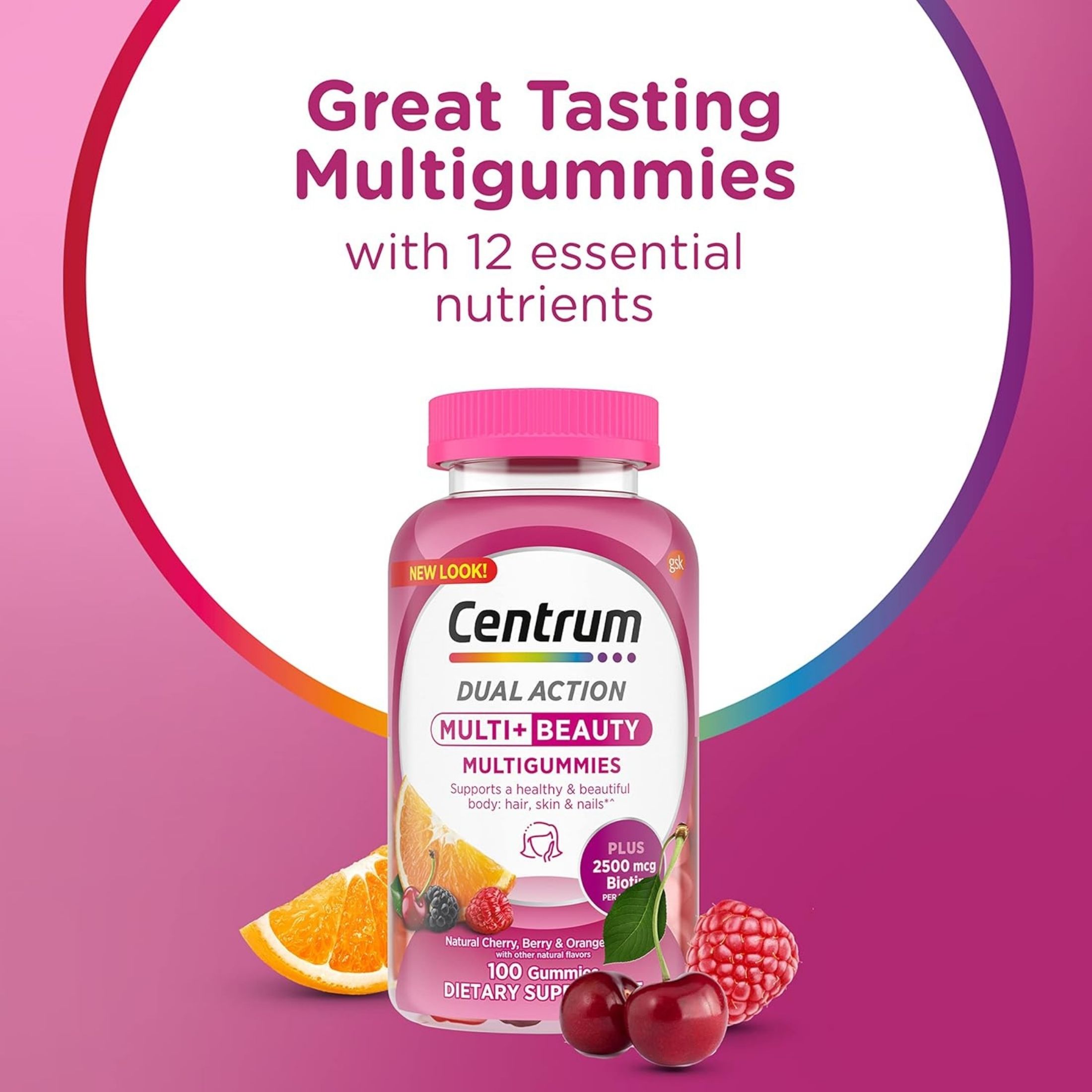 Centrum Multigummies, Dual Action, Multi + Beauty, 2500 Mcg, Gummies, Natural Cherry, Berry & Orange Flavors