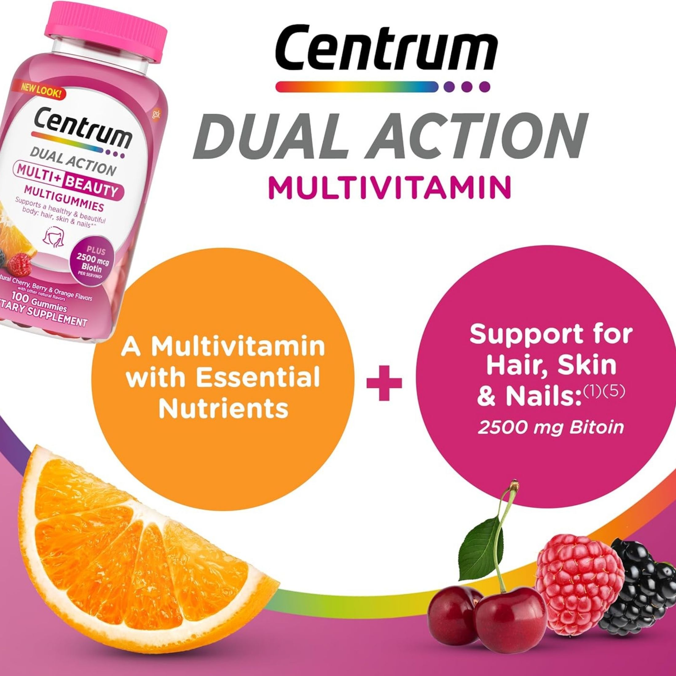 Centrum Multigummies, Dual Action, Multi + Beauty, 2500 Mcg, Gummies, Natural Cherry, Berry & Orange Flavors