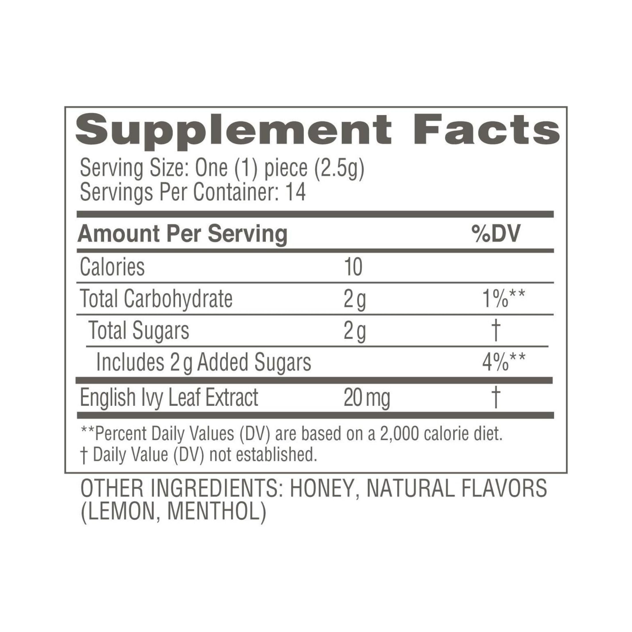 Zarbee's Naturals 96 Honey Cough Soothers + Mucus With Ivy Leaf Extract, Lemon Menthol Flavor