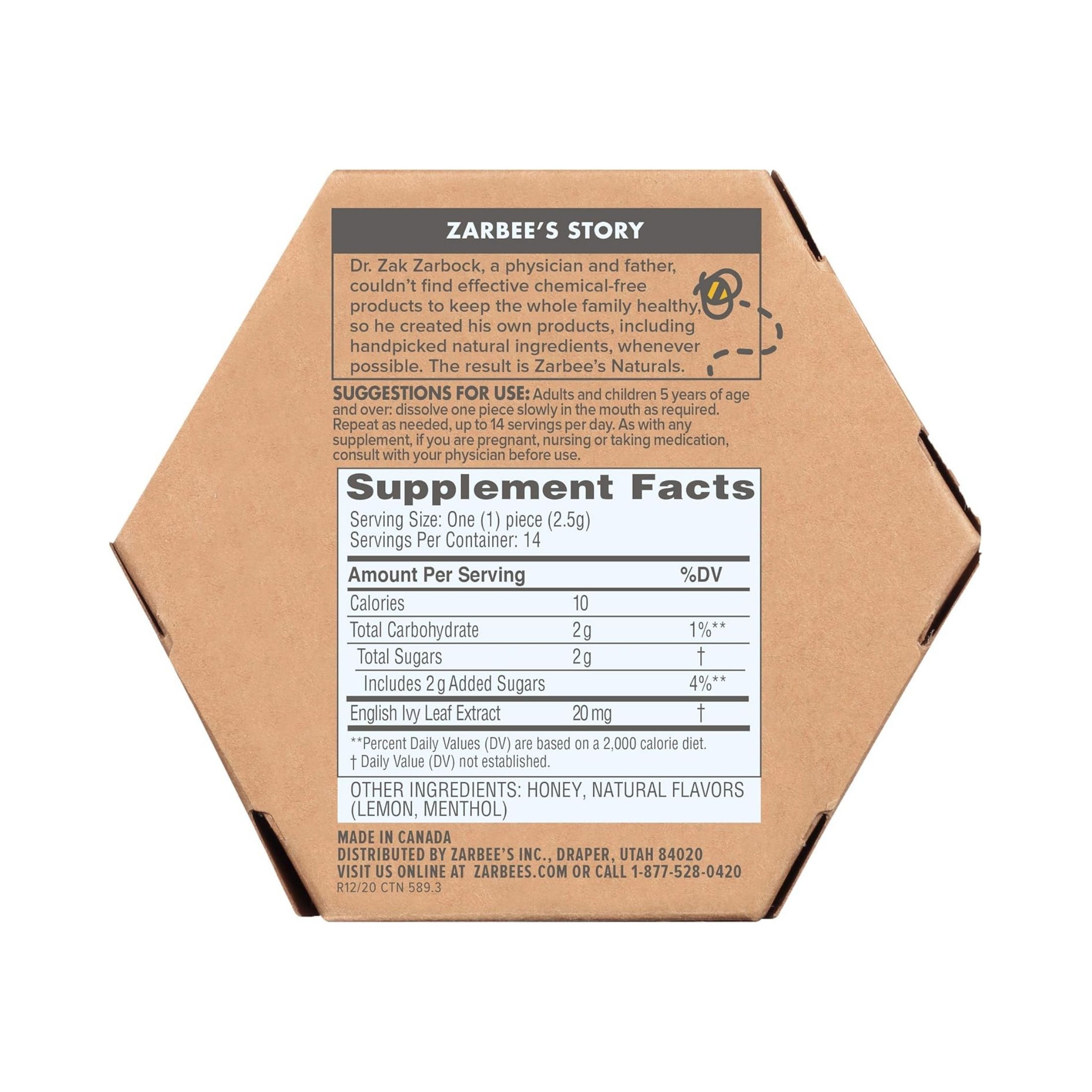 Zarbee's Naturals 96 Honey Cough Soothers + Mucus With Ivy Leaf Extract, Lemon Menthol Flavor