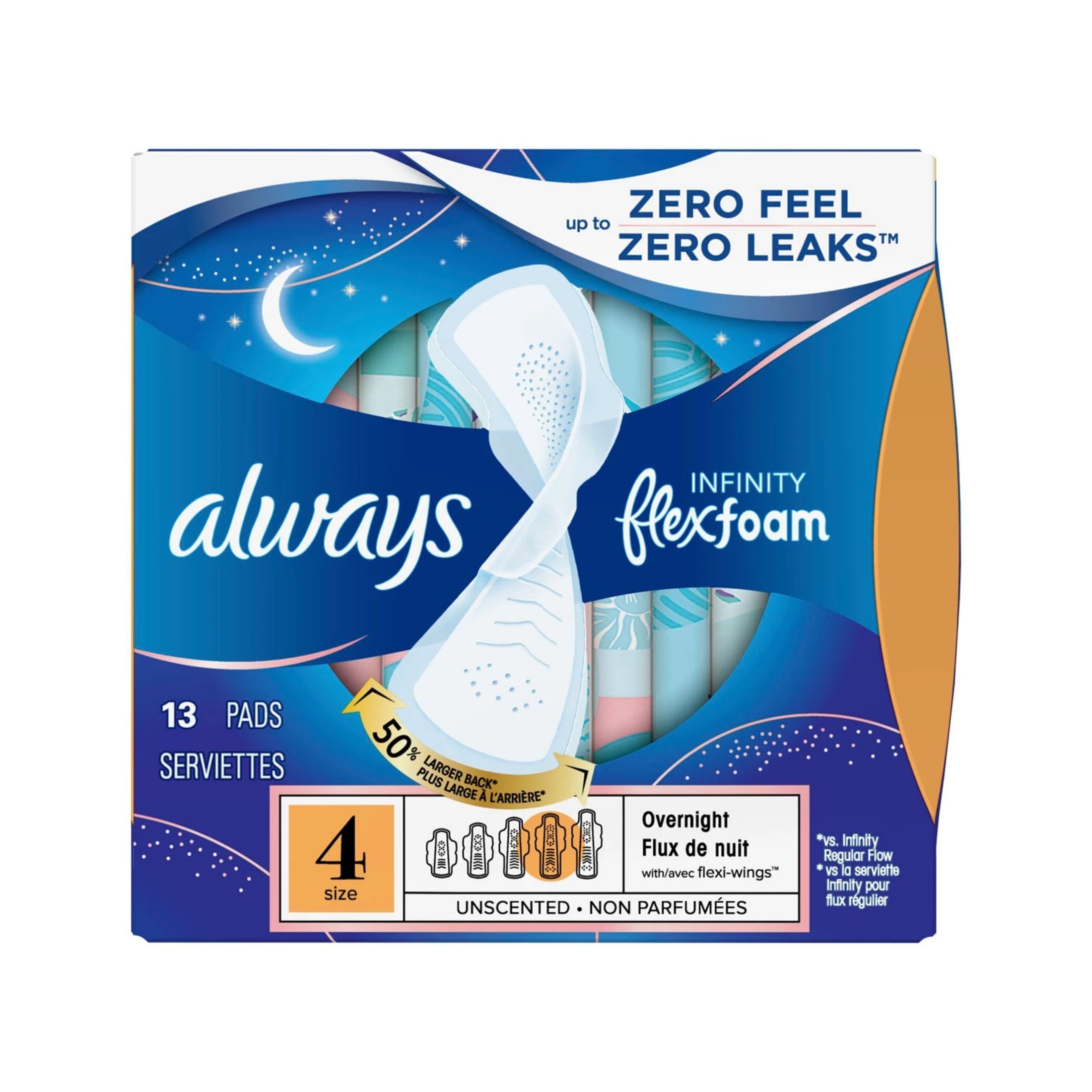 Always InFinity FlexFoam Pads With Wings Overnight Absorbency Size 4 Unscented