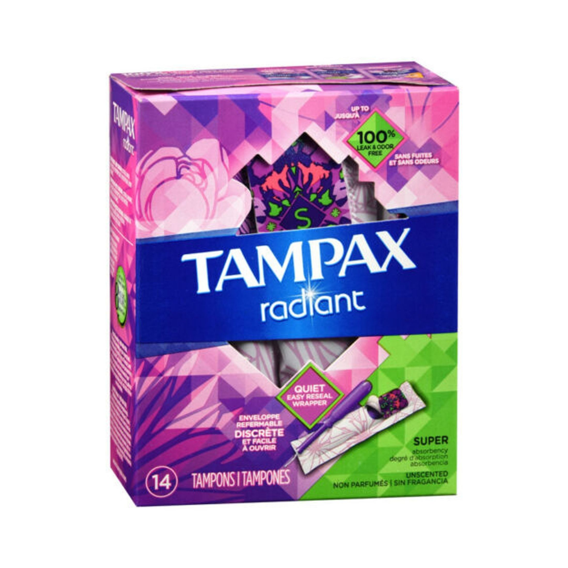 Tampax Radiant Tampons With Leak Guard Braid, Super Absorbency, Unscented