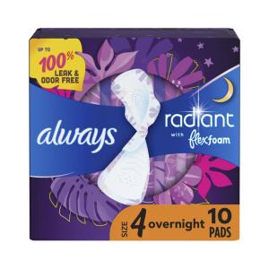 Always Radiant Pads, With Flex Foam, Overnight, Light, Clean Scent, Size 4