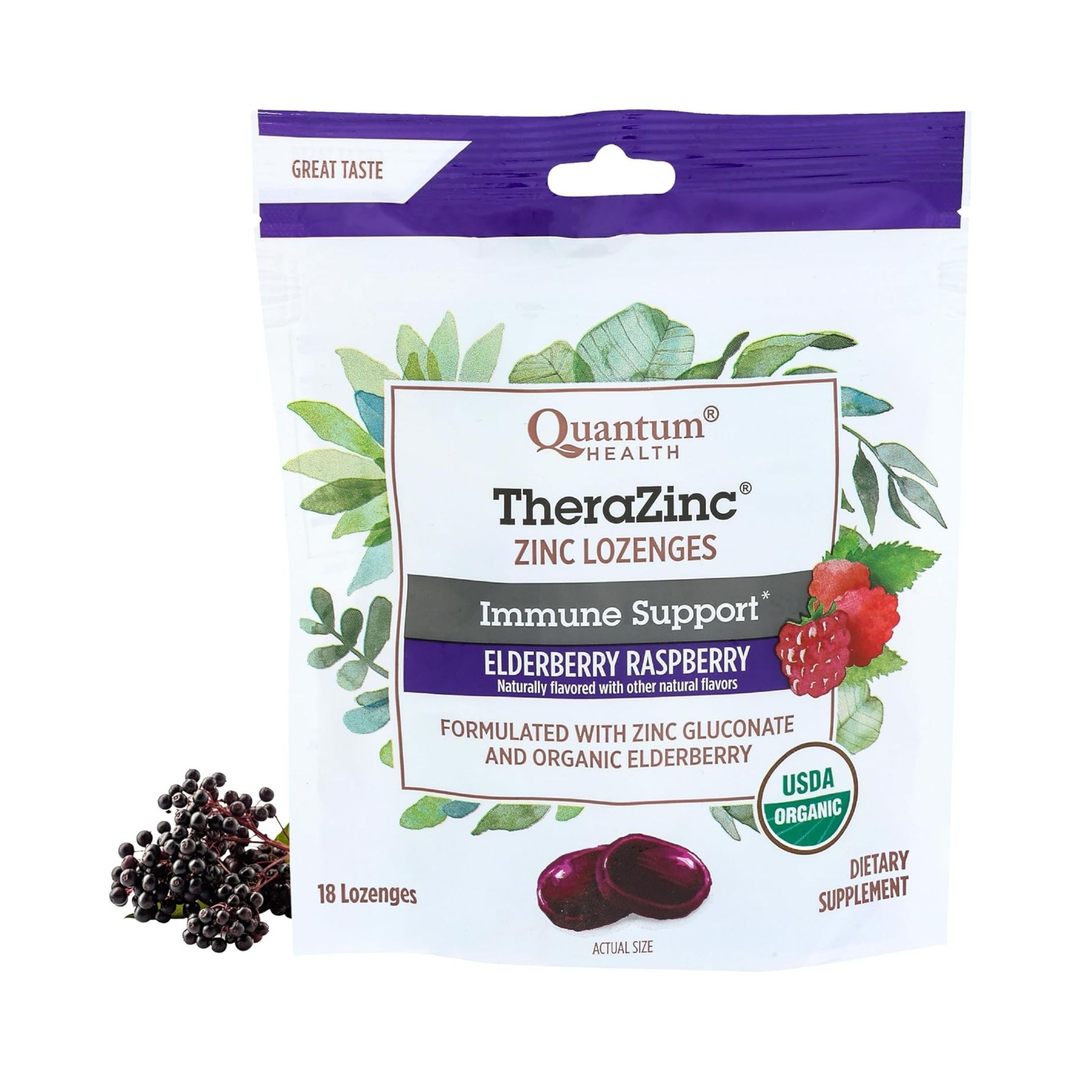 Quantum Health Thera Zinc Organic Therazinc Lozenges Elderberry Raspberry