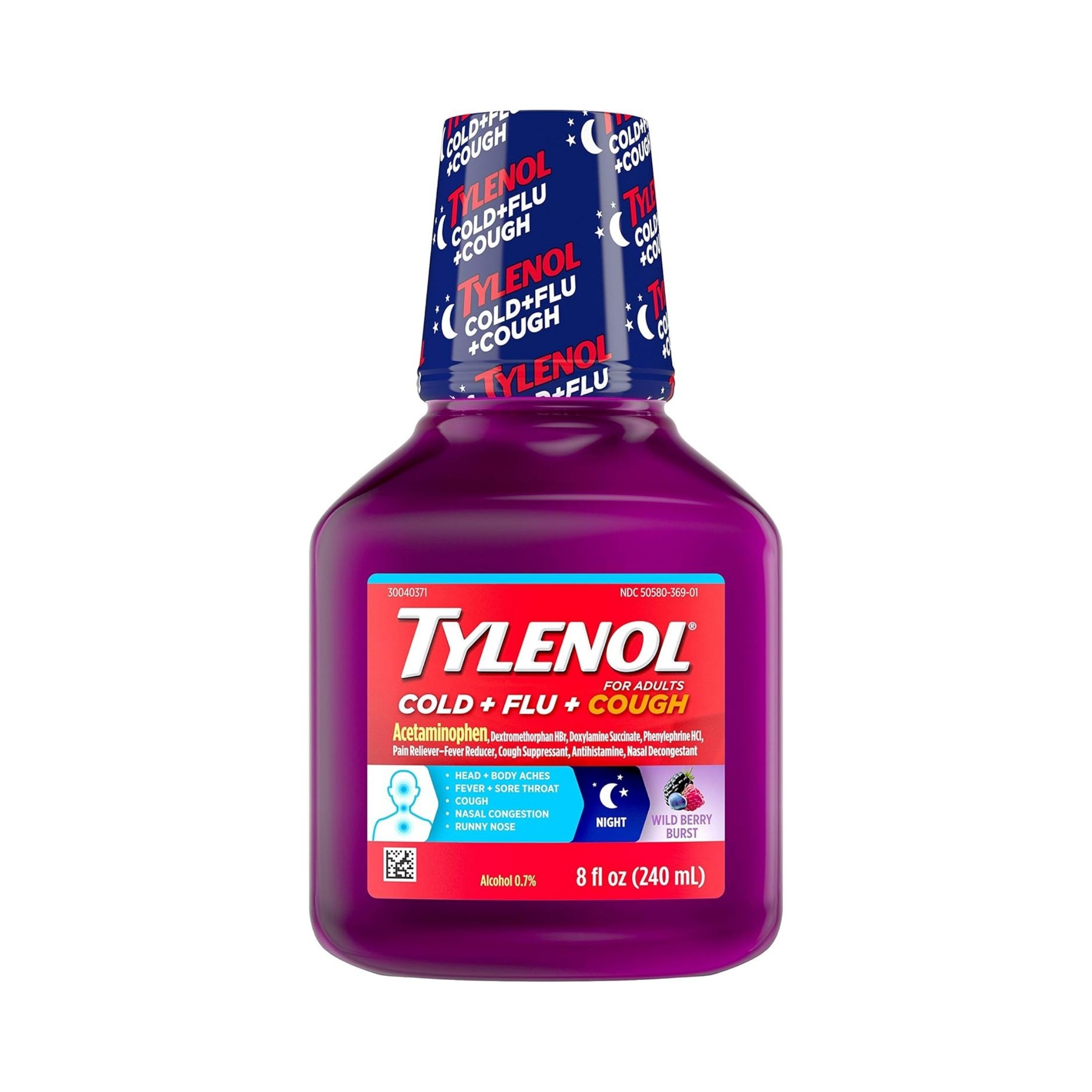 Tylenol Cold + Flu + Cough Night Wild Berry Burst Liquid For Adults, 8 Fl Oz