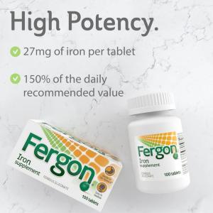 Fergon High Potency Iron Highly Soluble & Easily Digested, 27 Mg Iron, 100 Tablets