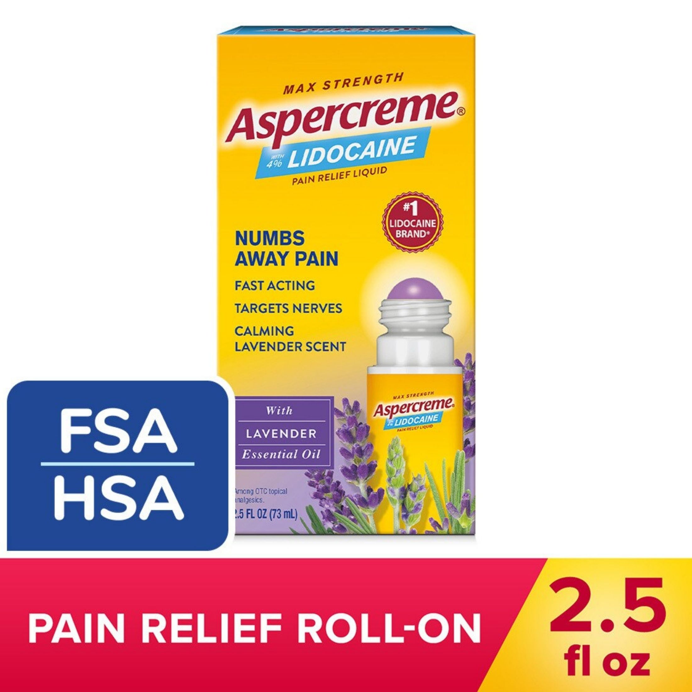 Aspercreme Max Strength Pain Relief Liquid, With 4% Lidocaine, Lavender Essential Oil, 2.5 Fl Oz (73 Ml)