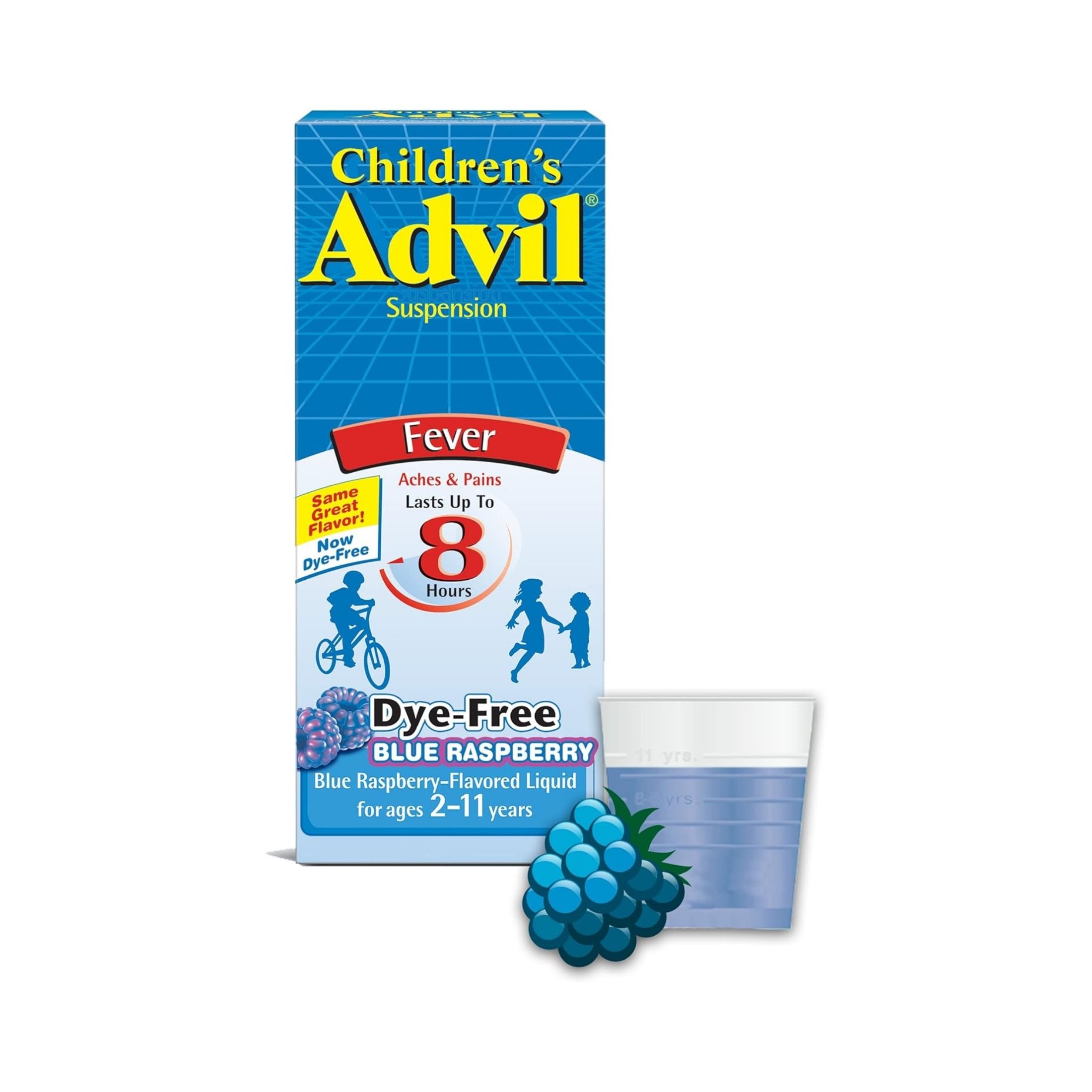 Advil Children's Suspension Ibuprofen Fever Reducer, Dye-Free, Liquid Pain Medicine Blue Raspberry