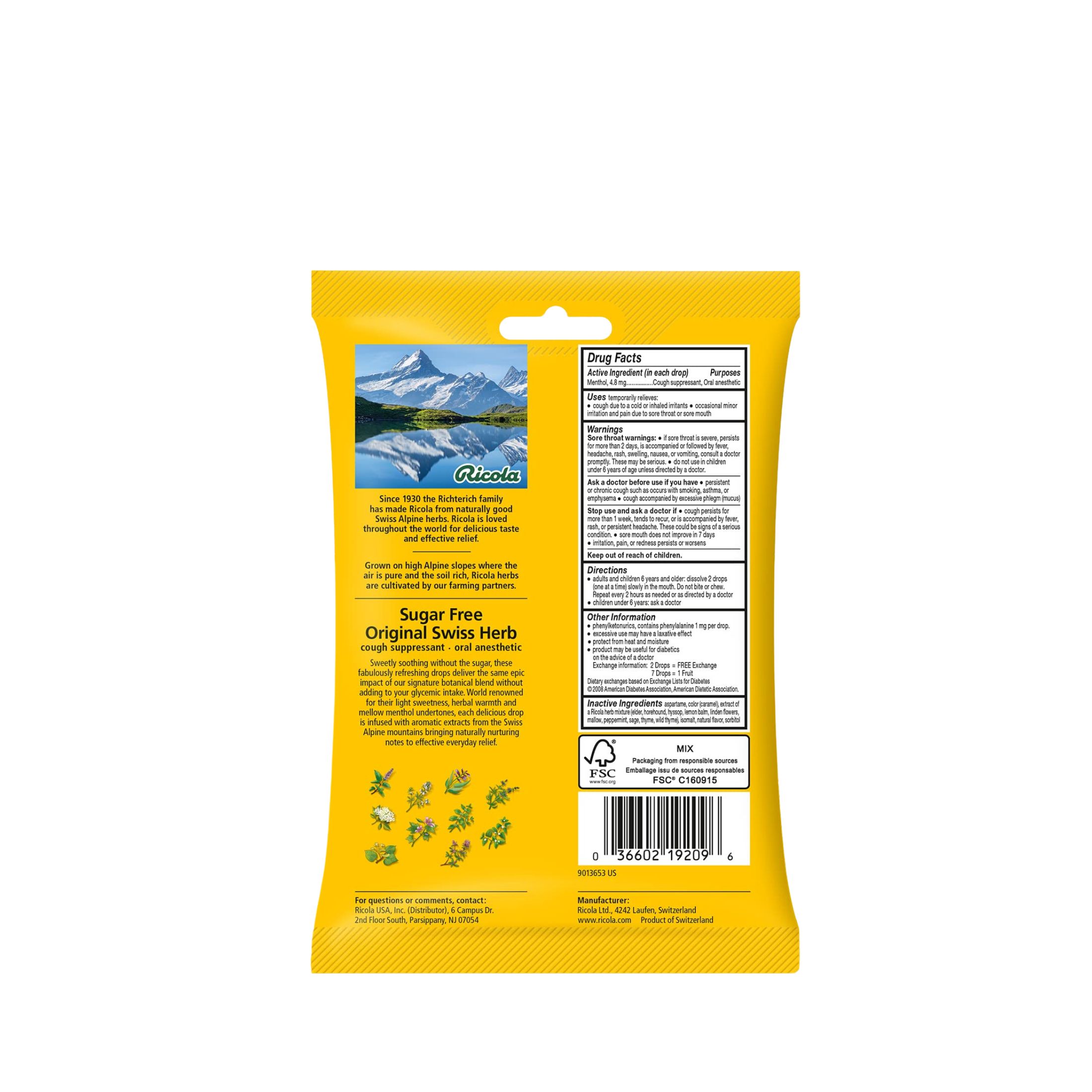 Ricola Cough Suppressant Throat Drops, Original Swiss Herb, Sugar Free