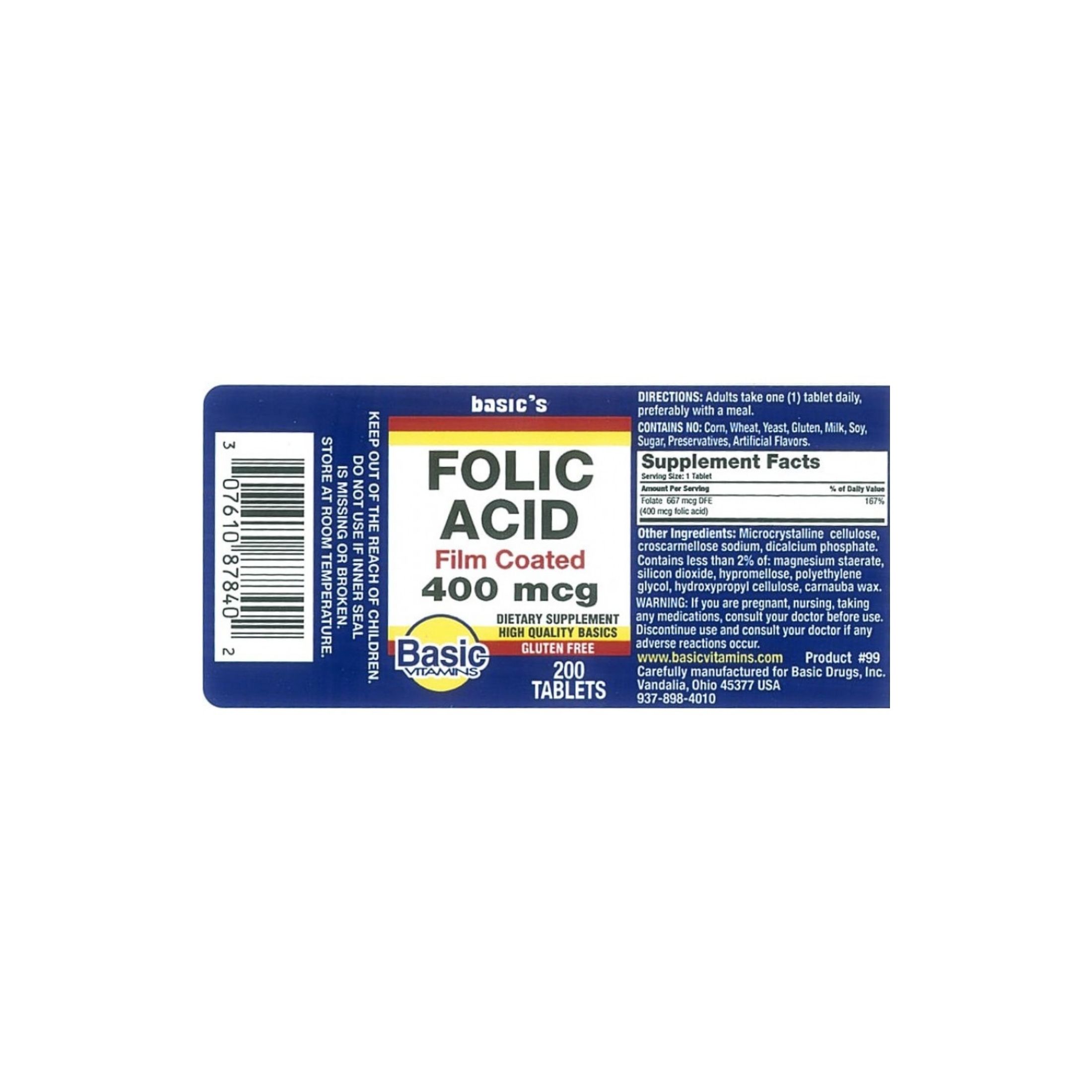 Basic Vitamins Folic Acid 400 Mcg
