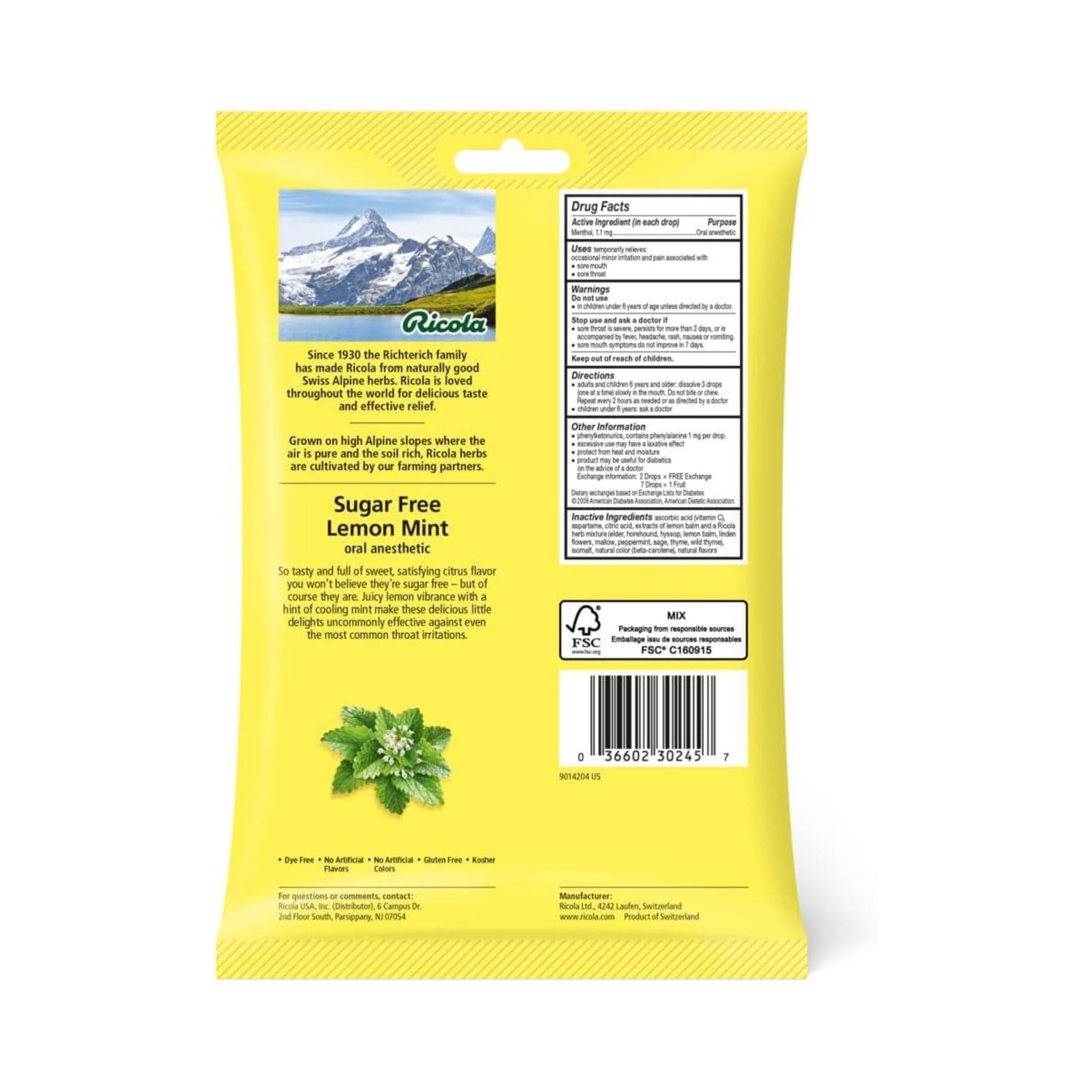 Ricola Oral Anesthetic, Sugar Free, Lemon Mint, Drops