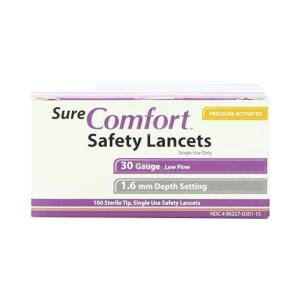 Sure Comfort Safety Lancet 30 Gauge Low Flow 1.6mm Depth Sterile Tip