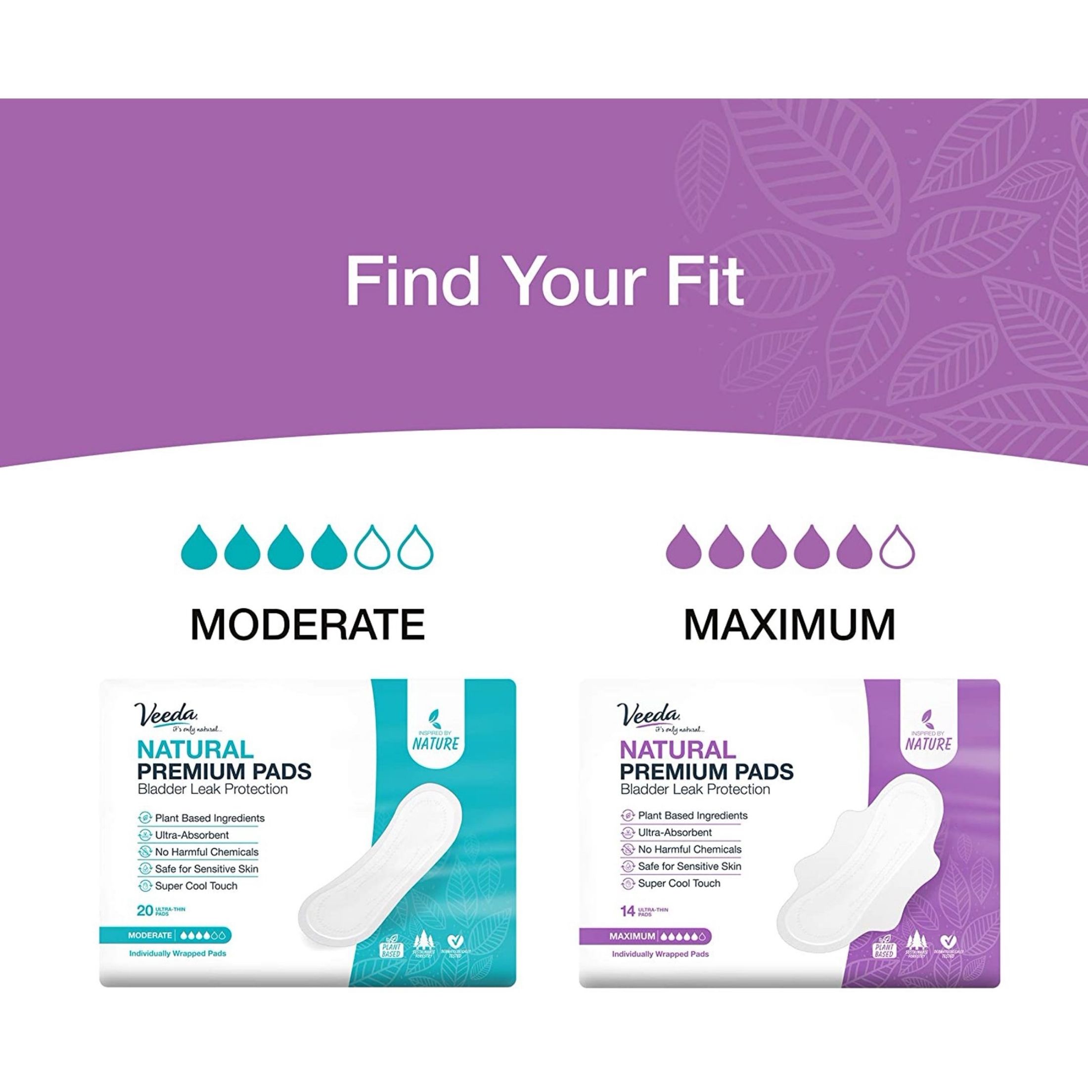 Veeda Natural Incontinence Pads For Bladder Leakage Protection, Maximum Absorbency