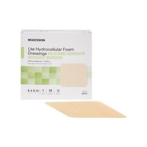 McKesson Thin Foam Dressing Lite 6 X 6 Inch Without Border Film Backing Silicone Gel Adhesive Square Sterile
