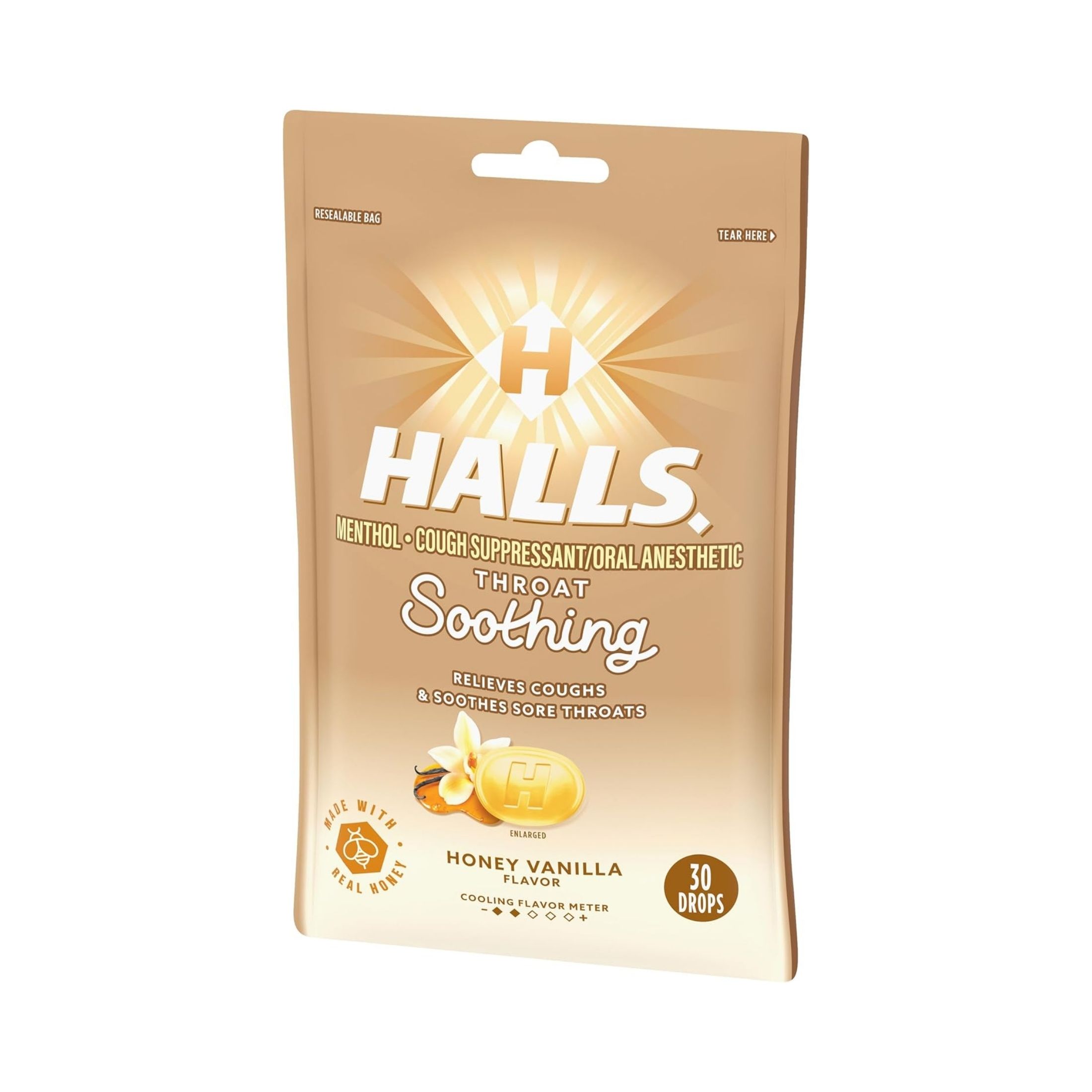 Halls Cough Suppressant/Oral Anesthetic, Drops, Honey Vanilla Flavor, Soothe