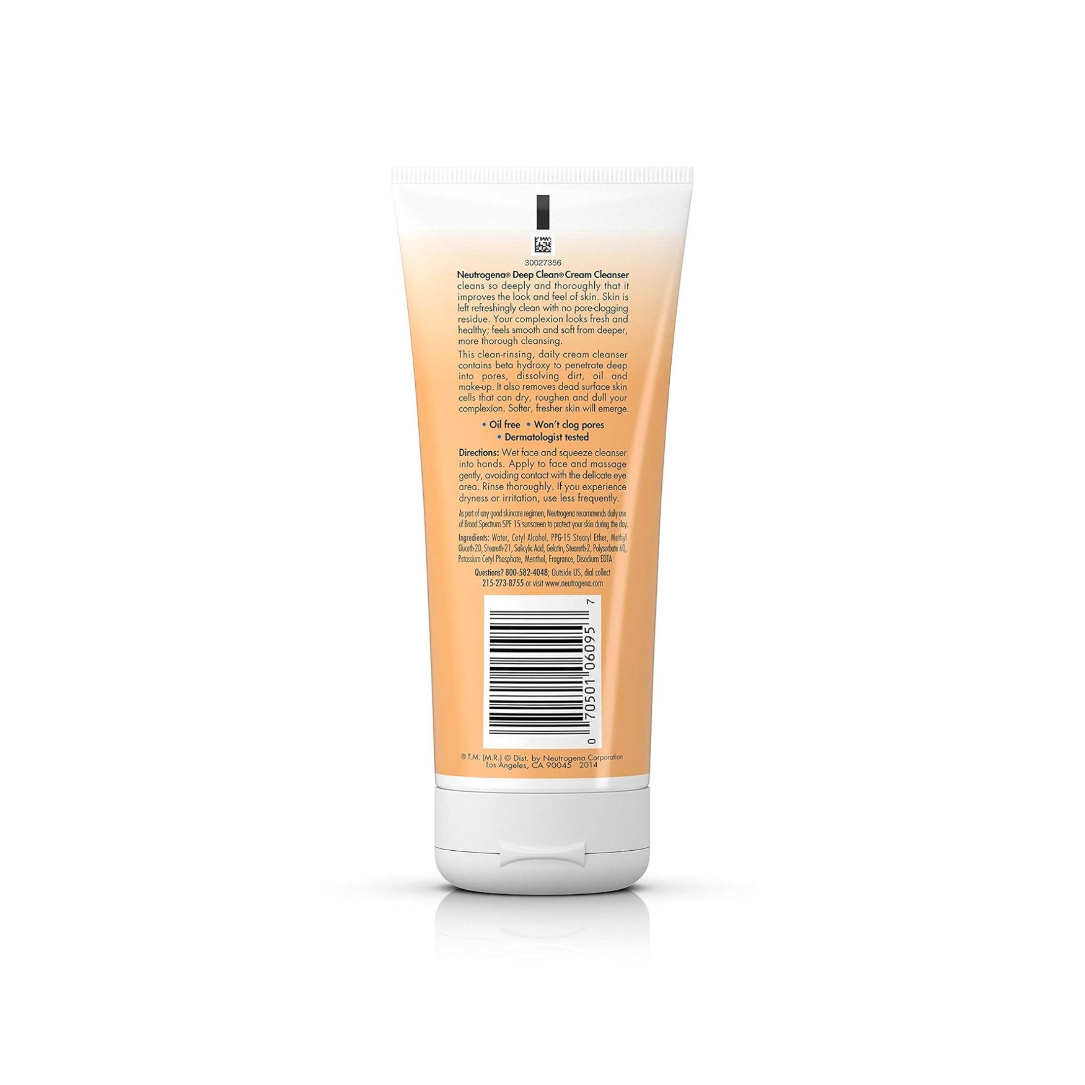 Neutrogena Deep Clean Daily Facial Cream Cleanser With Beta Hydroxy Acid To Remove Dirt, Oil & Makeup, Alcohol-Free, Oil-Free & Non-Comedogenic, 7 Fl. Oz