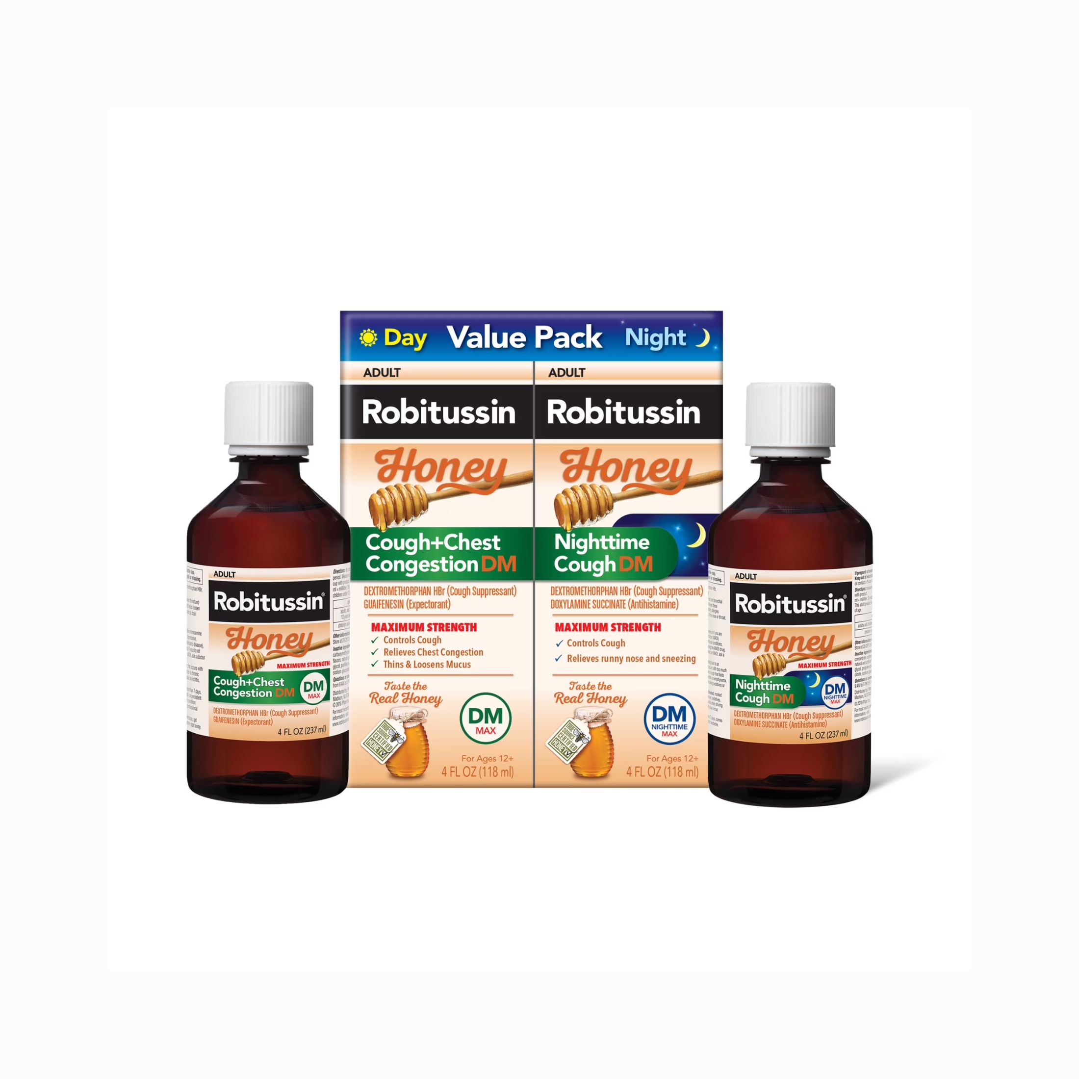 Robitussin Syrup Adult Maximum Strength Honey Nighttime Severe Cough, Flu + Sore Throat 4 Fl Oz Box
