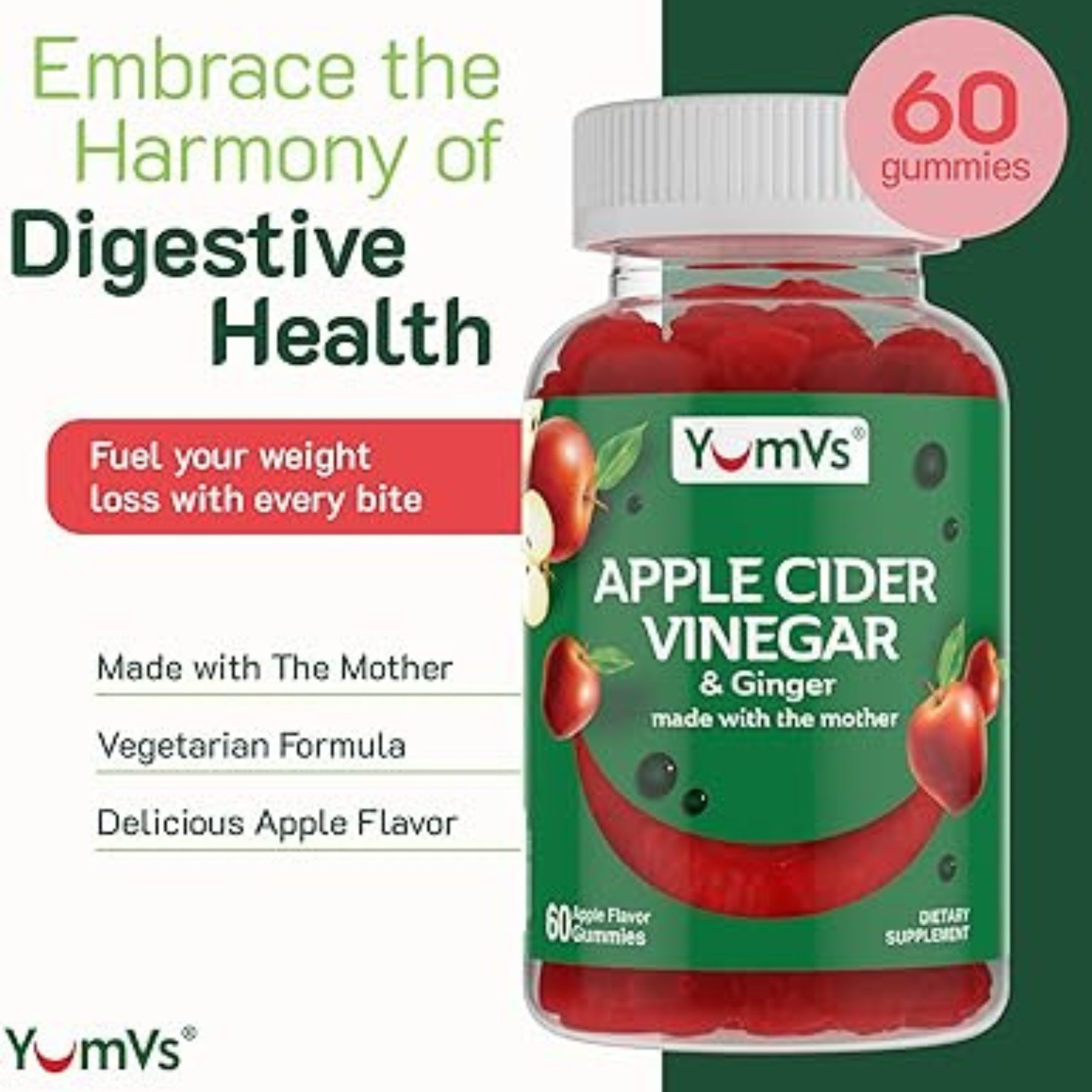 Yum V's Apple Cider Vinegar W/ Ginger 60 Gummies