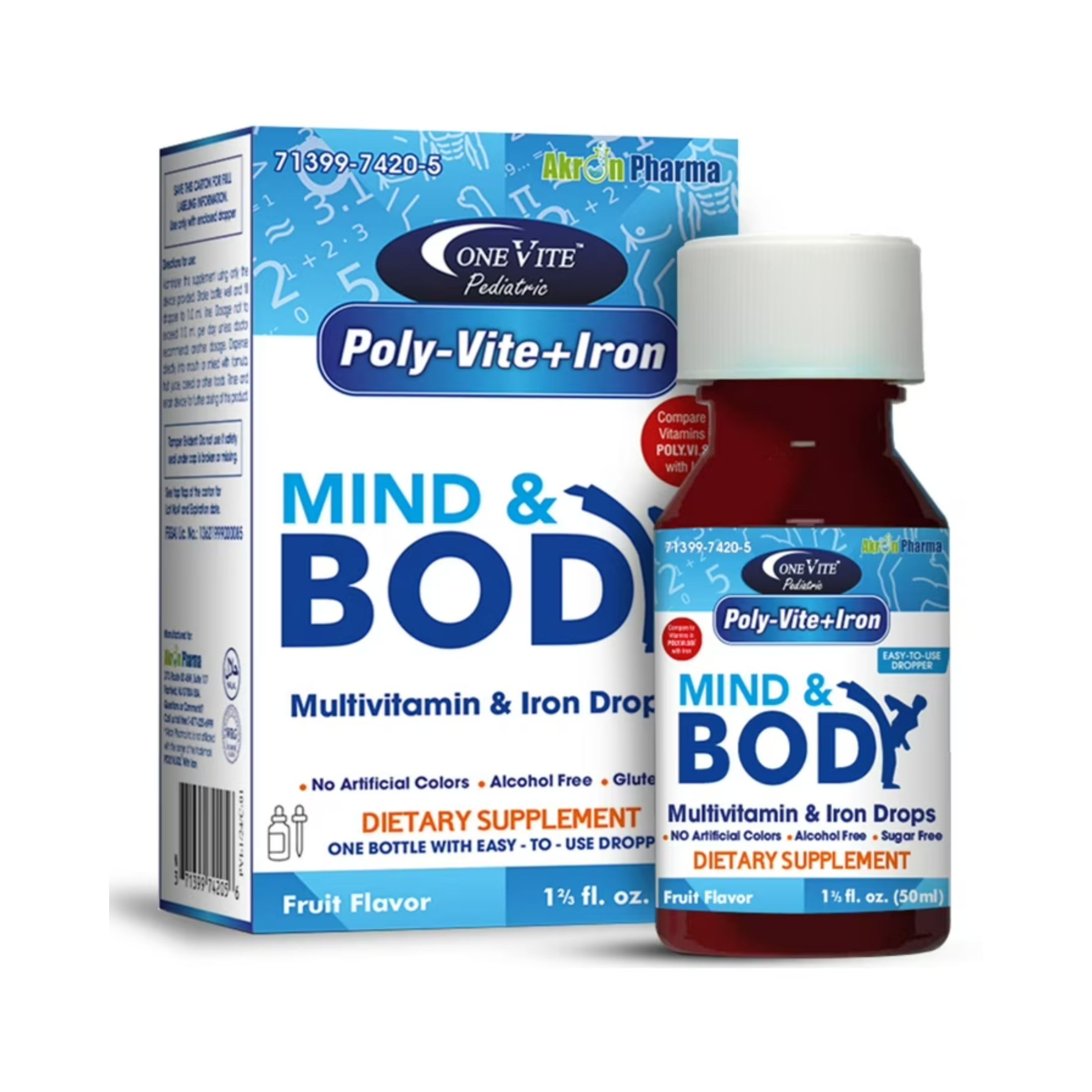 Akron Pharma Poly-Vite+Iron Multivitamin & Iron Drops For Infants & Toddlers – Supports Strong Growth Brain Development & Immune Health – No Artificial Colors Gluten-Free 50mL Dropper Bottle By One Vite