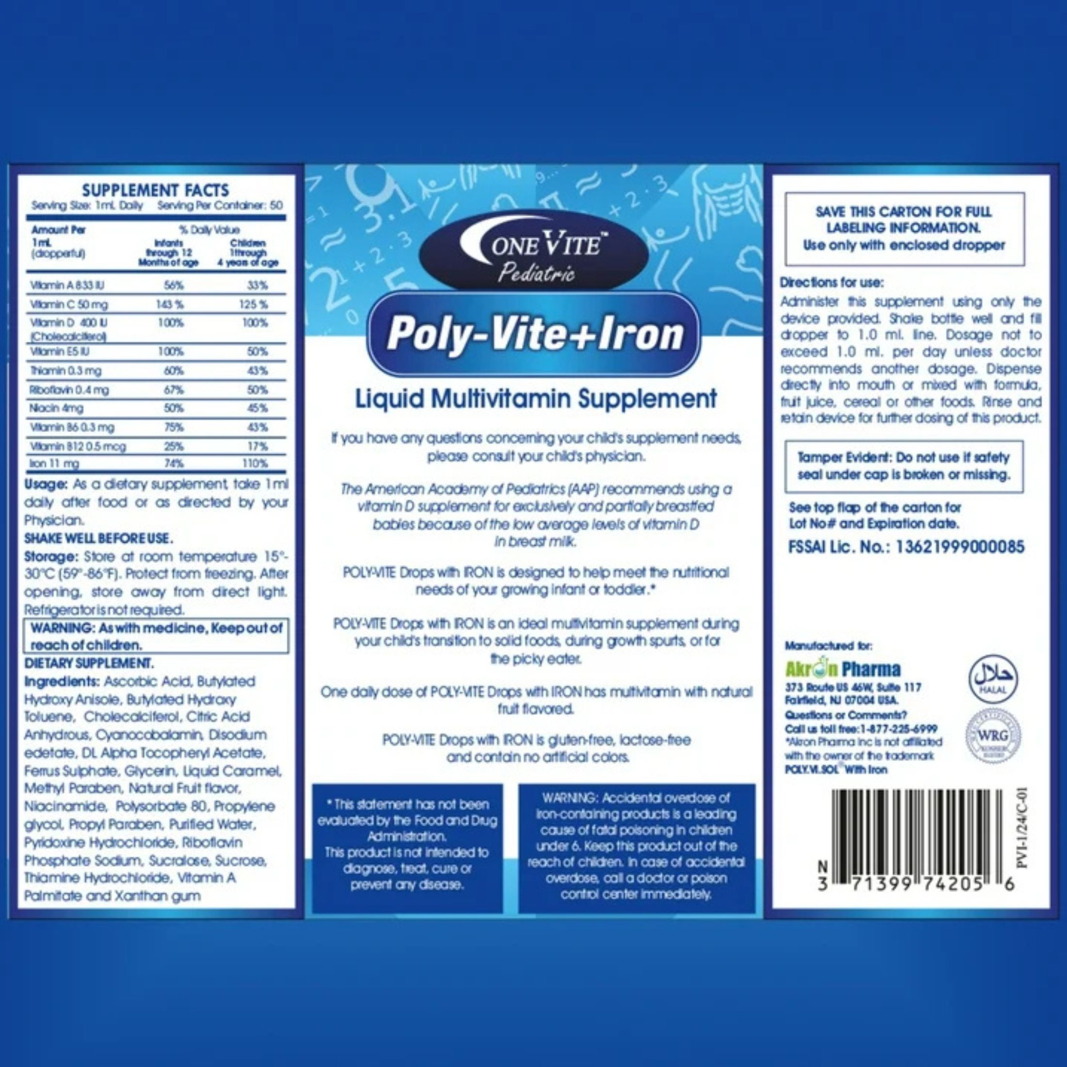Akron Pharma Poly-Vite+Iron Multivitamin & Iron Drops For Infants & Toddlers – Supports Strong Growth Brain Development & Immune Health – No Artificial Colors Gluten-Free 50mL Dropper Bottle By One Vite