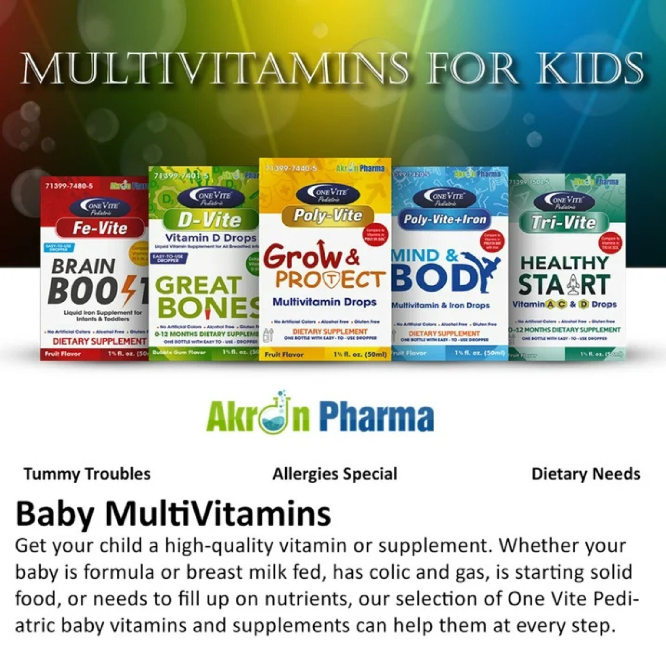 Akron Pharma Poly-Vite+Iron Multivitamin & Iron Drops For Infants & Toddlers – Supports Strong Growth Brain Development & Immune Health – No Artificial Colors Gluten-Free 50mL Dropper Bottle By One Vite