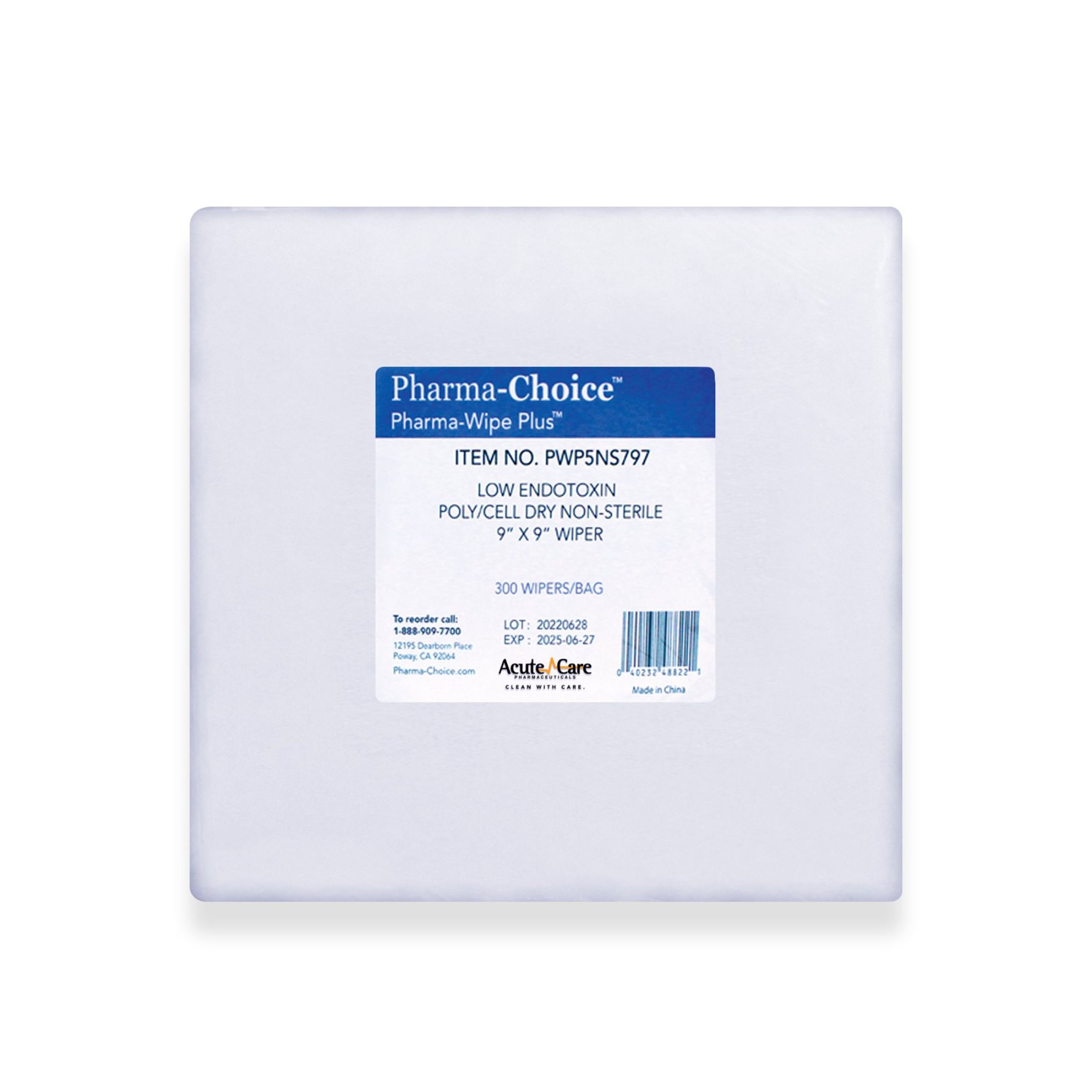 Acute Care Cleanroom Wipe Pharma-Wipe Plus ISO Class 5 White NonSterile Cellulose / Polyester 9 X 9 Inch Disposable