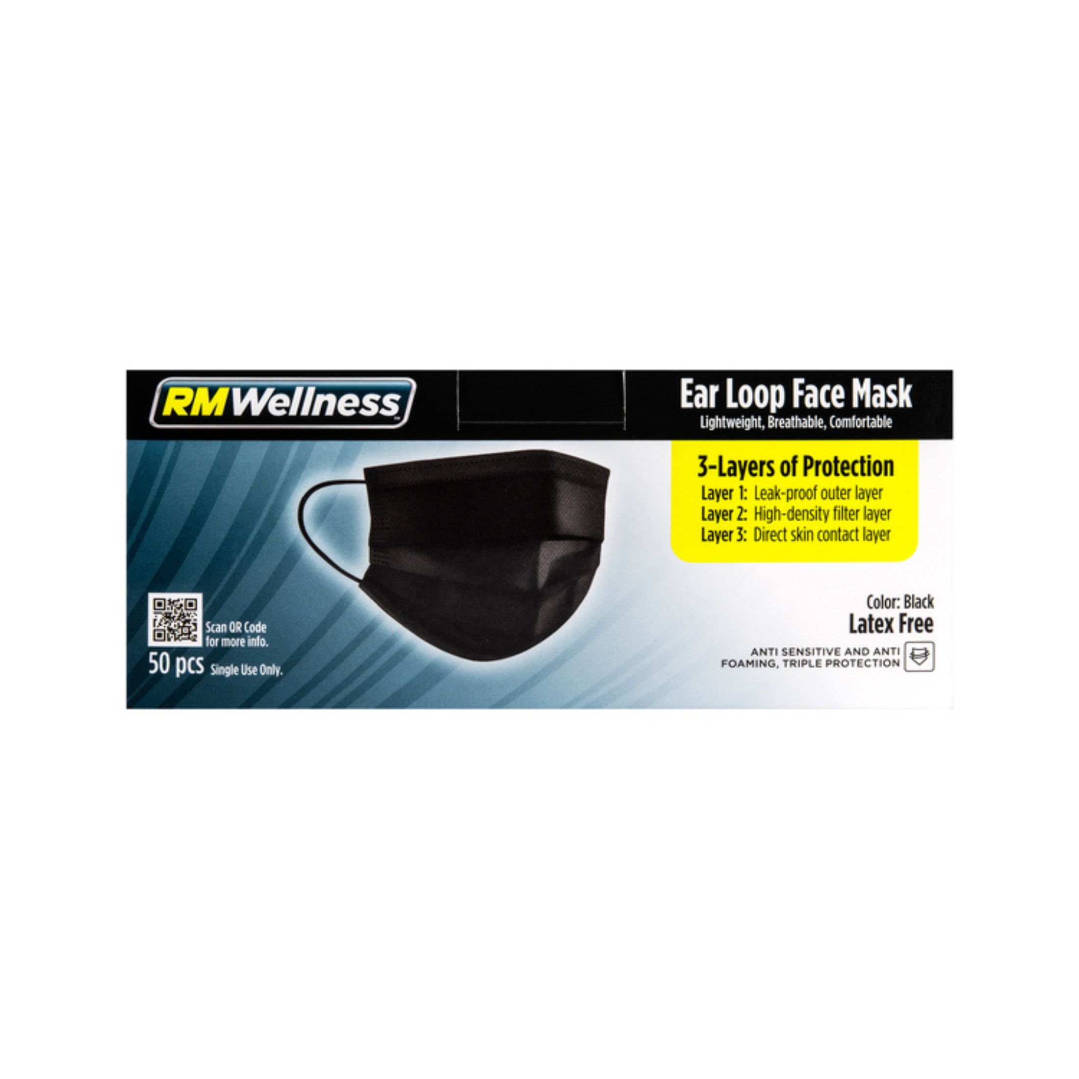 RM Wellness Disposable 3-Layer Protective Face Masks - Black, Latex Free