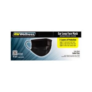 RM Wellness Disposable 3-Layer Protective Face Masks - Black, Latex Free