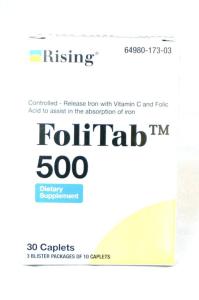 Rising Pharmaceuticals Pharma FoliTab 500 Controlled-Released Iron + Vit.C + Folic Acid-3x 10caps