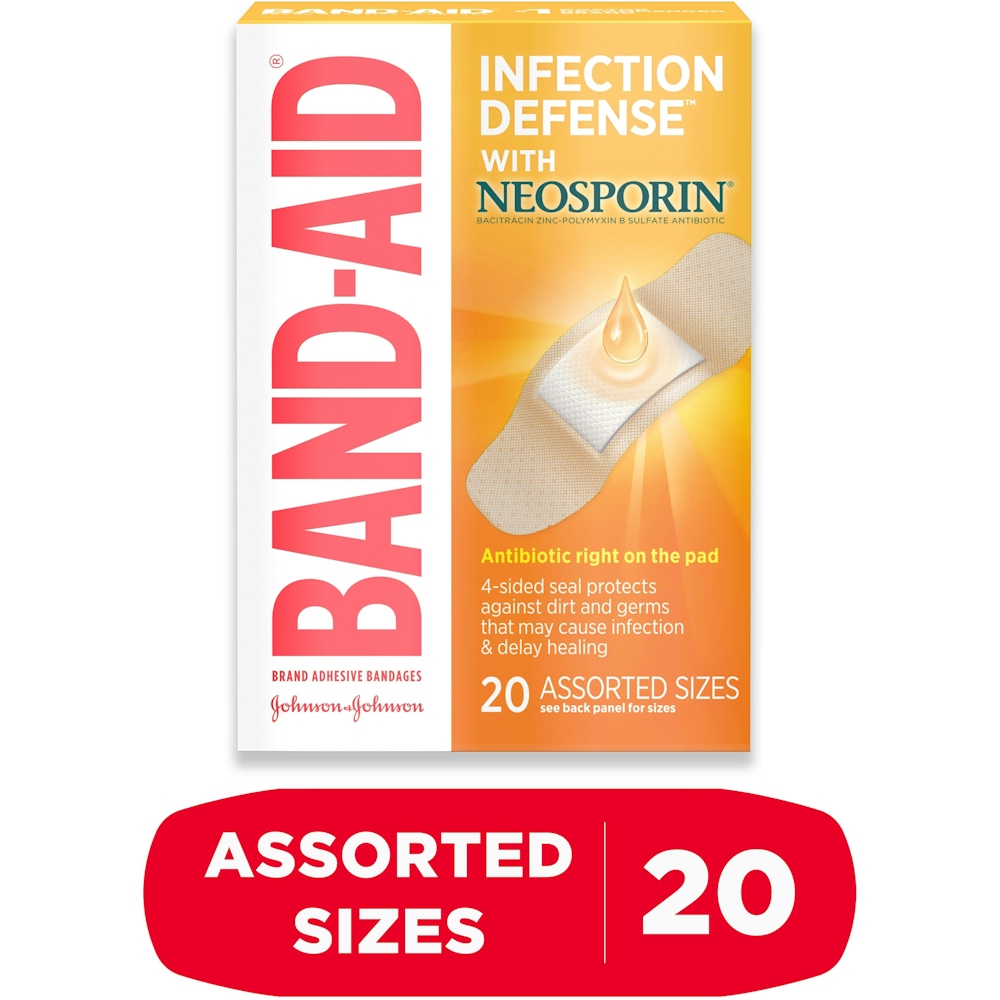 Band Aid Brand Adhesive Bandages Infection Defense With Neosporin Antibiotic Ointment, Pack Of Assorted Sizes, For Wound Care And First