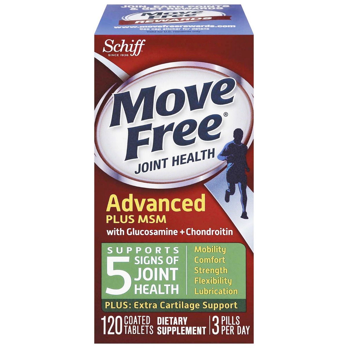 Move Free Schiff Joint Health Glucosamine Chondroitin Advanced Plus MSM Coated Tablets 120 Ct Box