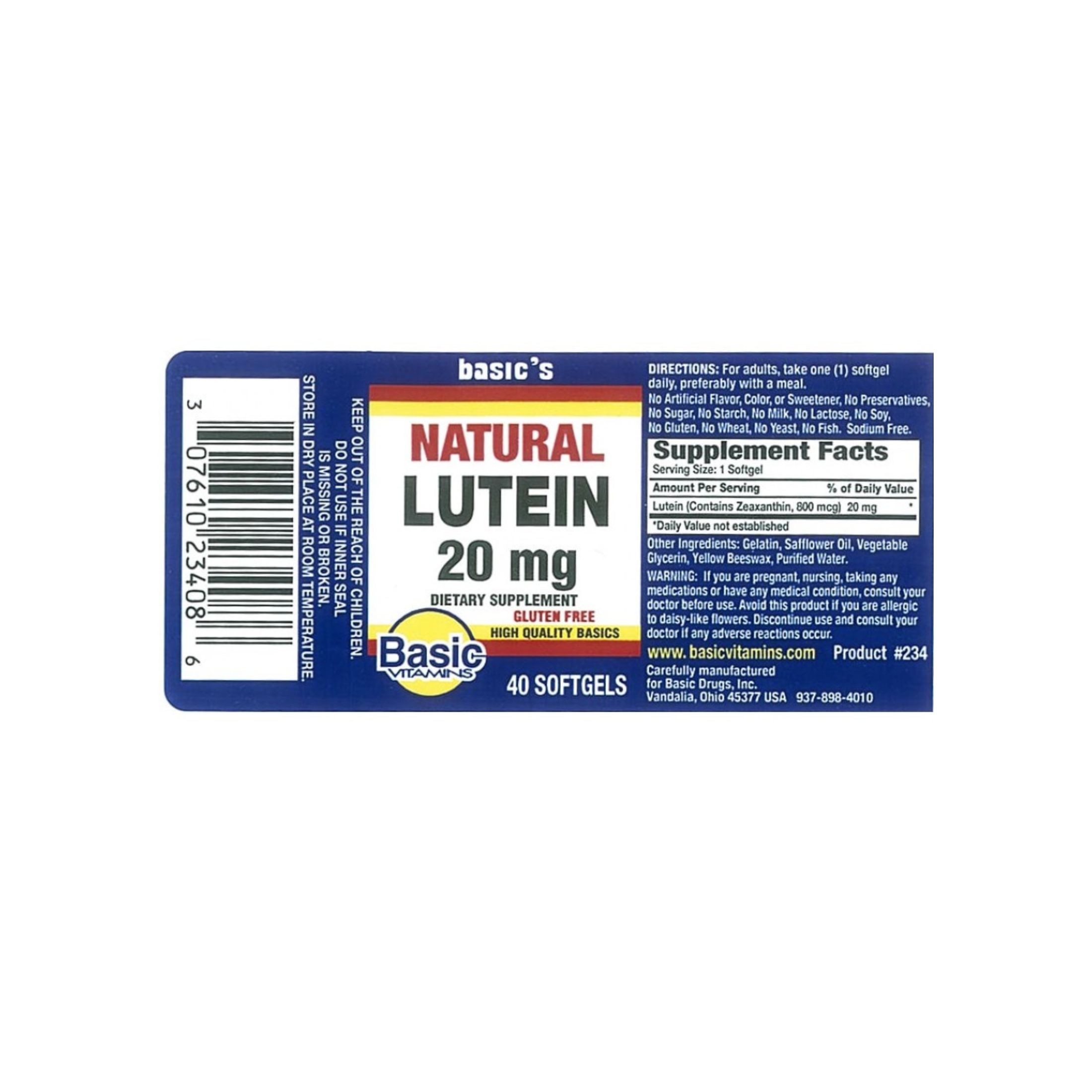 Basic Vitamins Natural Lutein 20 Mg