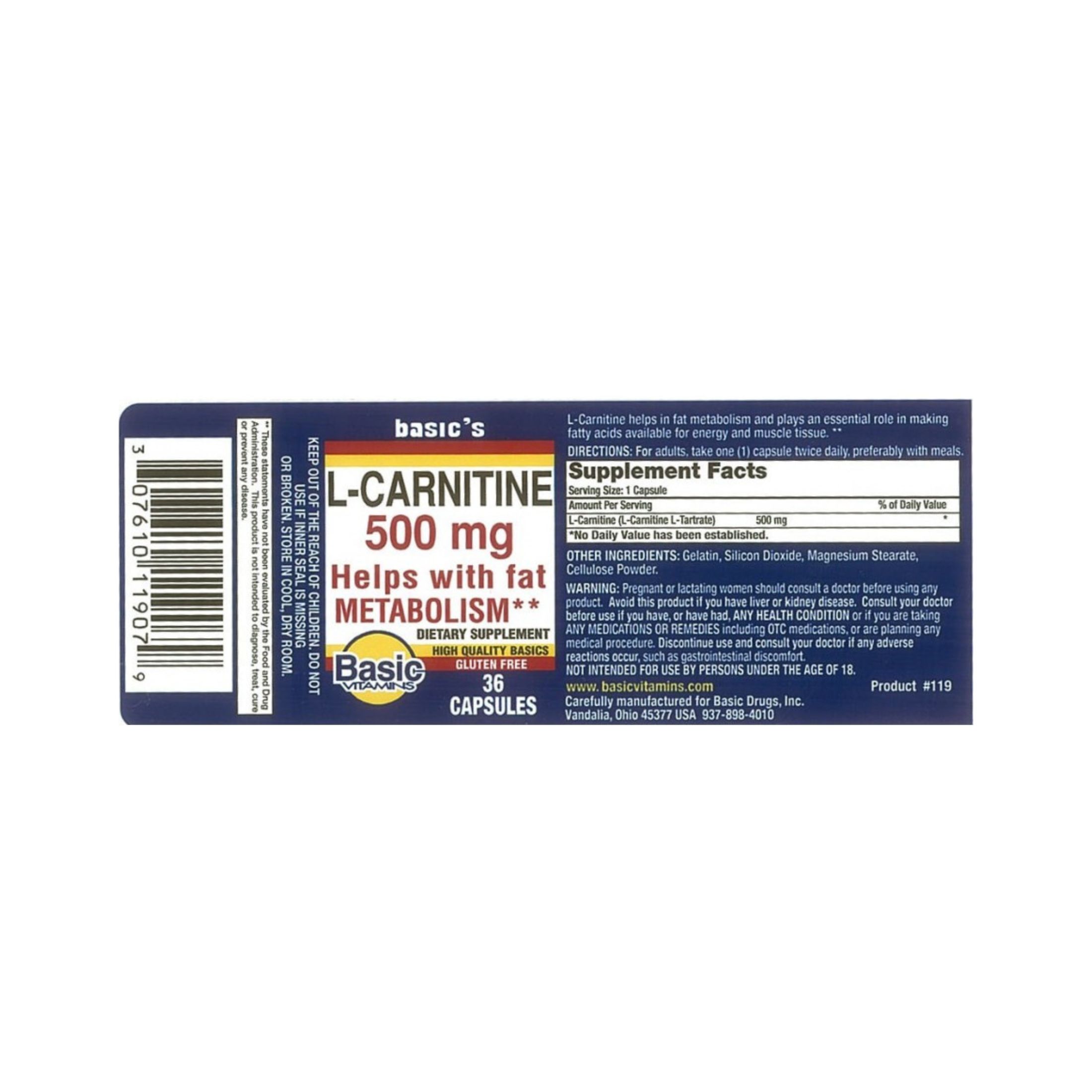 Basic Vitamins L-carnitine 500mg Capsules