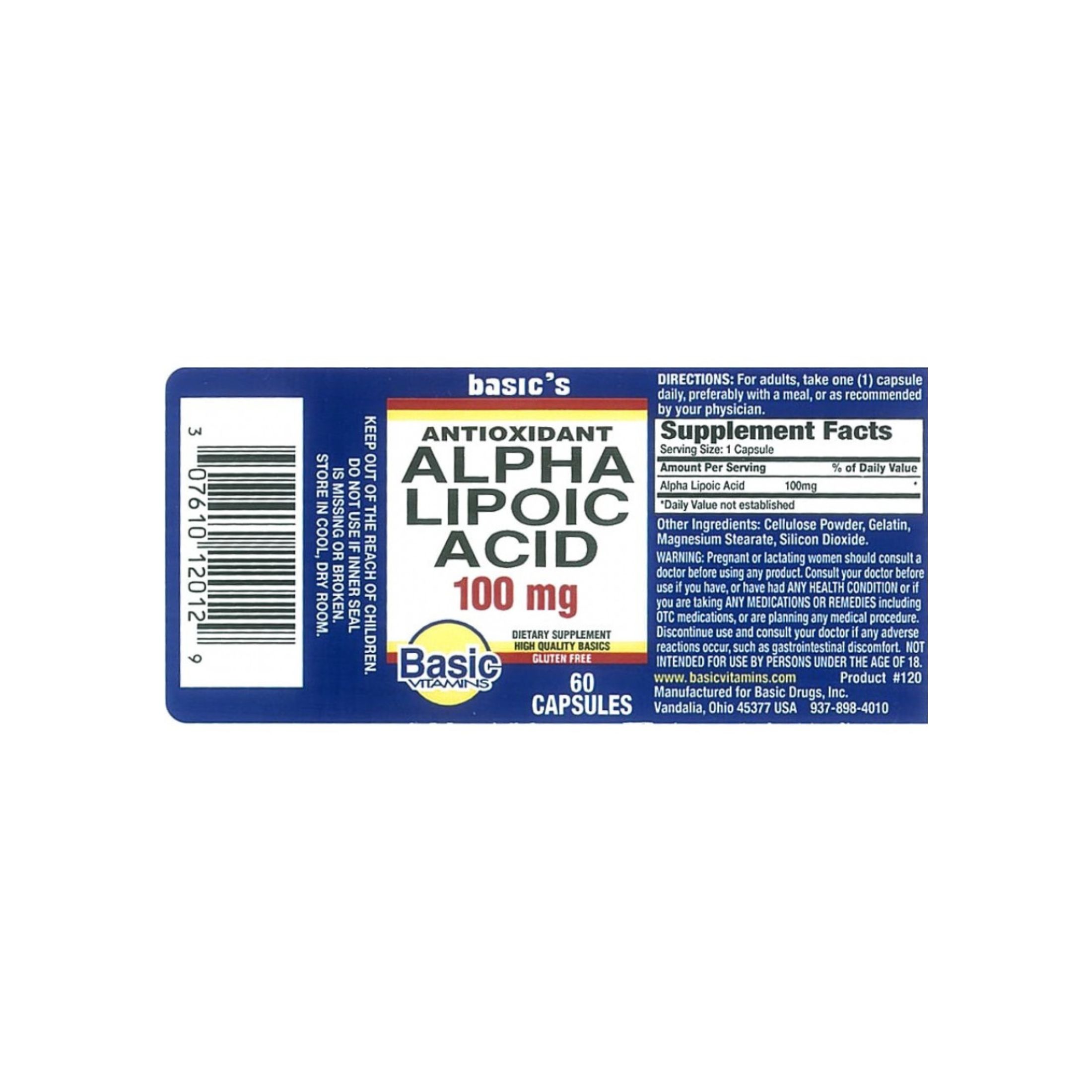 Basic Vitamins Alpha Lipoic Acid 100 Mg Capsules