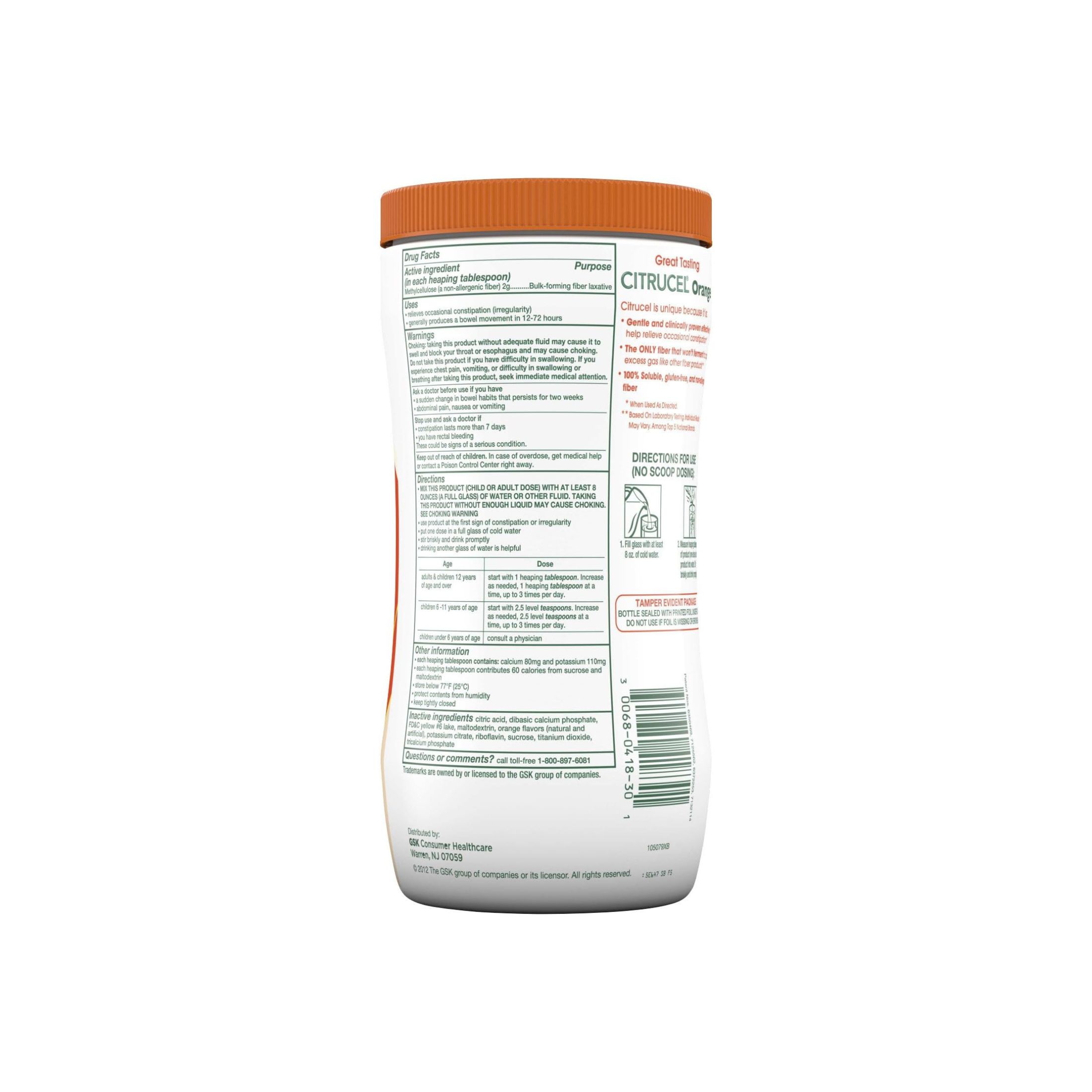 Citrucel Fiber Powder For Occasional Constipation Relief, Orange Flavor - 30 Ounces