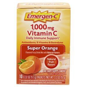 Emer'gen-C 1000 Mg Vitamin Powder Fizzy Drink Mix, Super Orange, 10 Ct, W/ Antioxidants, B Vitamins & Electrolytes For Immune Support, Caffeine Free