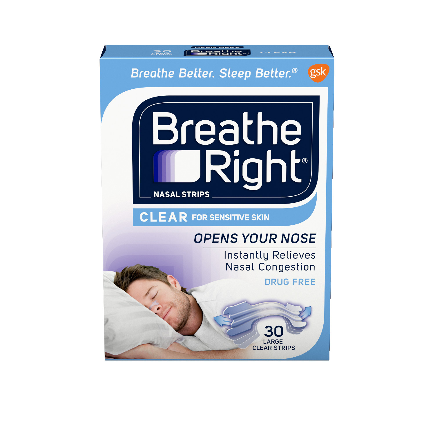 Breathe Right Nasal Strips, Clear, For Sensitive Skin, Large