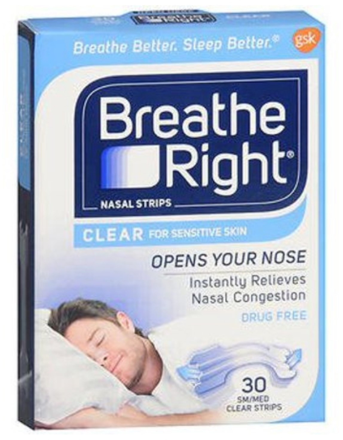 Breathe Right Nasal Strips, For Sensitive Skin, Sm/Med, Clear
