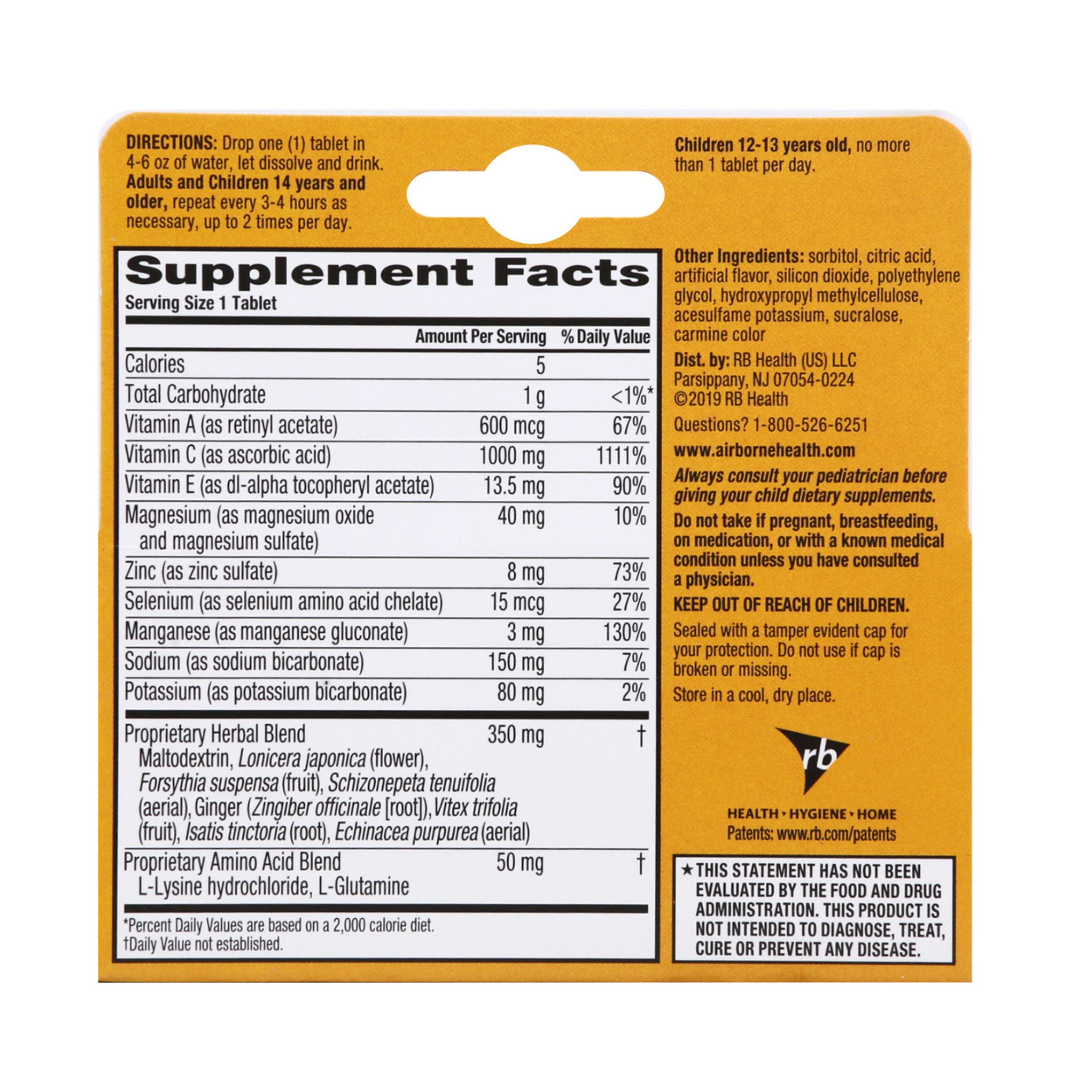Airborne Very Berry Immune Support Supplement Original Effervescent Tablets 10 Ct Box