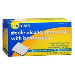 Sunmark Sterile Alcohol Prep Pads, With Benzocaine - 100 Pads